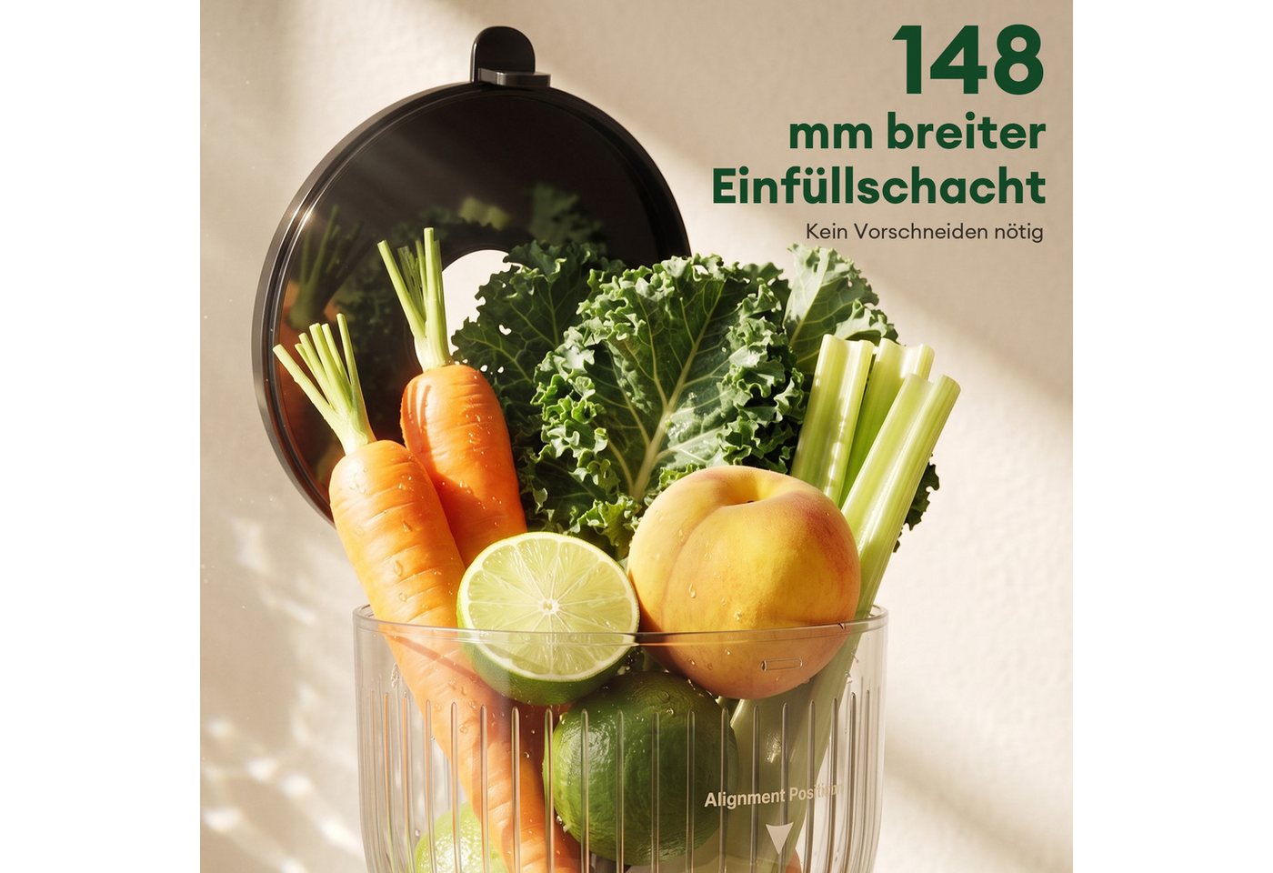 CkeyiN Pro Entsafter für Ganze Obst und Gemüse,Slow Juicer mit 148MM Breite,Juicer Machine, 300 W, mit 550 ml-Becher,Spülmaschinenfest & Abnehmbare Teile Bild 2