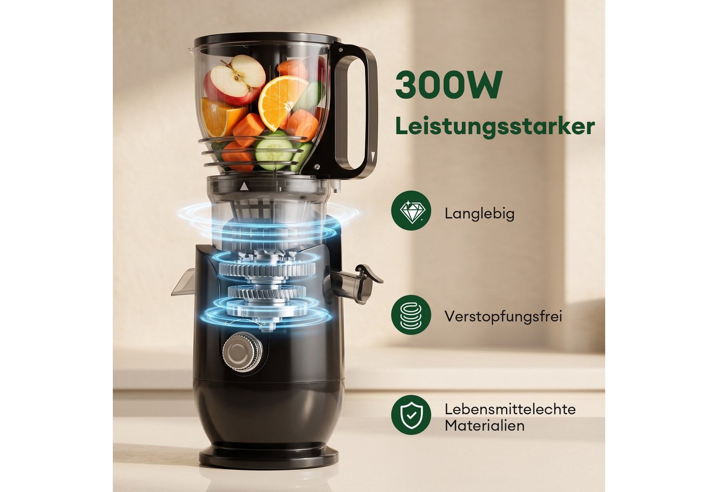 CkeyiN Pro Entsafter für Ganze Obst und Gemüse,Slow Juicer mit 148MM Breite,Juicer Machine, 300 W, mit 550 ml-Becher,Spülmaschinenfest & Abnehmbare Teile Bild 3