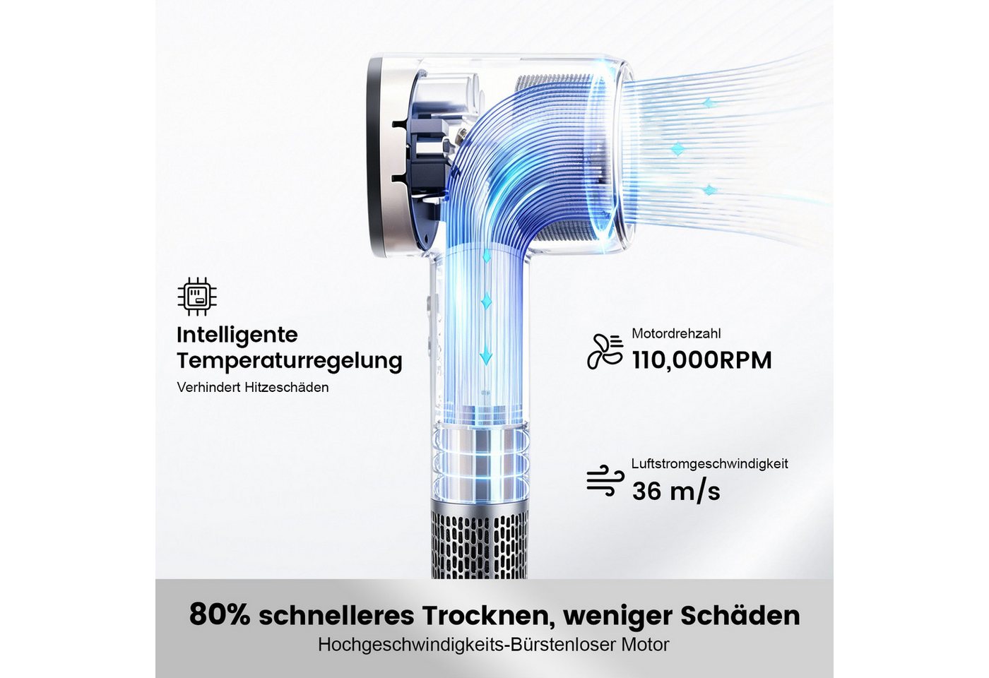 CkeyiN Pro Haartrockner Ionic,Hair Dryer Leise,Haarföhn 110000 RPM,30℃/50℃/70℃/90℃, 1500 W, Mit Magnetdüse,36m/s,Schnelles Trocknen,Kaltlufttaste, für alle Haarlängen und -strukturen