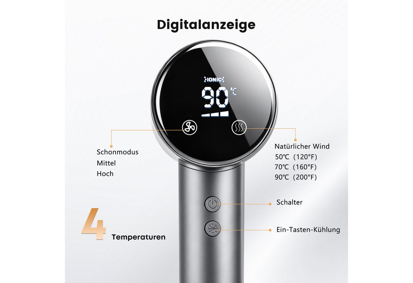 CkeyiN Pro Haartrockner Ionic,Hair Dryer Leise,Haarföhn 110000 RPM,30℃/50℃/70℃/90℃, 1500 W, Mit Magnetdüse,36m/s,Schnelles Trocknen,Kaltlufttaste, für alle Haarlängen und -strukturen Bild 4