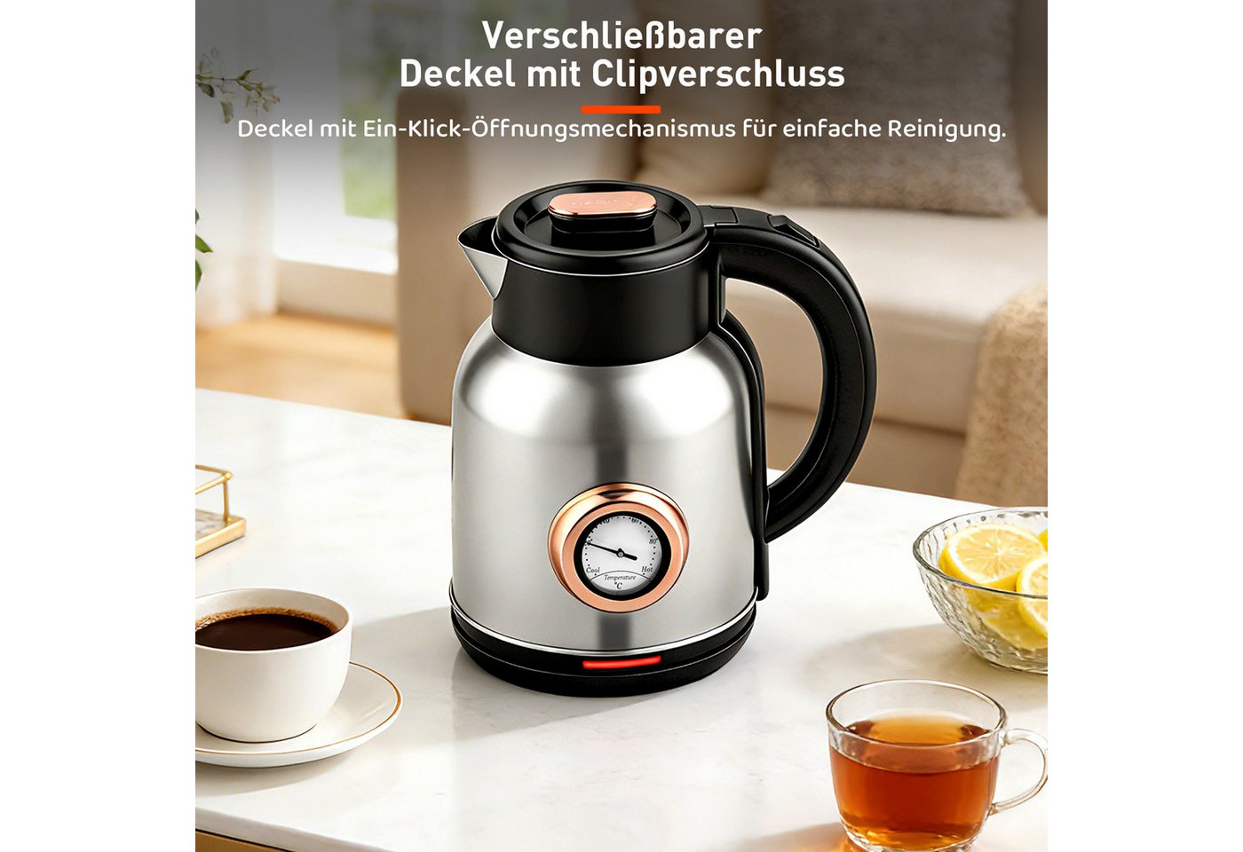 CkeyiN Pro Wasserkocher 304 Edelstahl,2L,Echtzeit-Thermometer,360°-Basis, 1500 W, Überhitzungsschutz, Trockengehschutz,Sprungdeckel,Leuchtanzeige