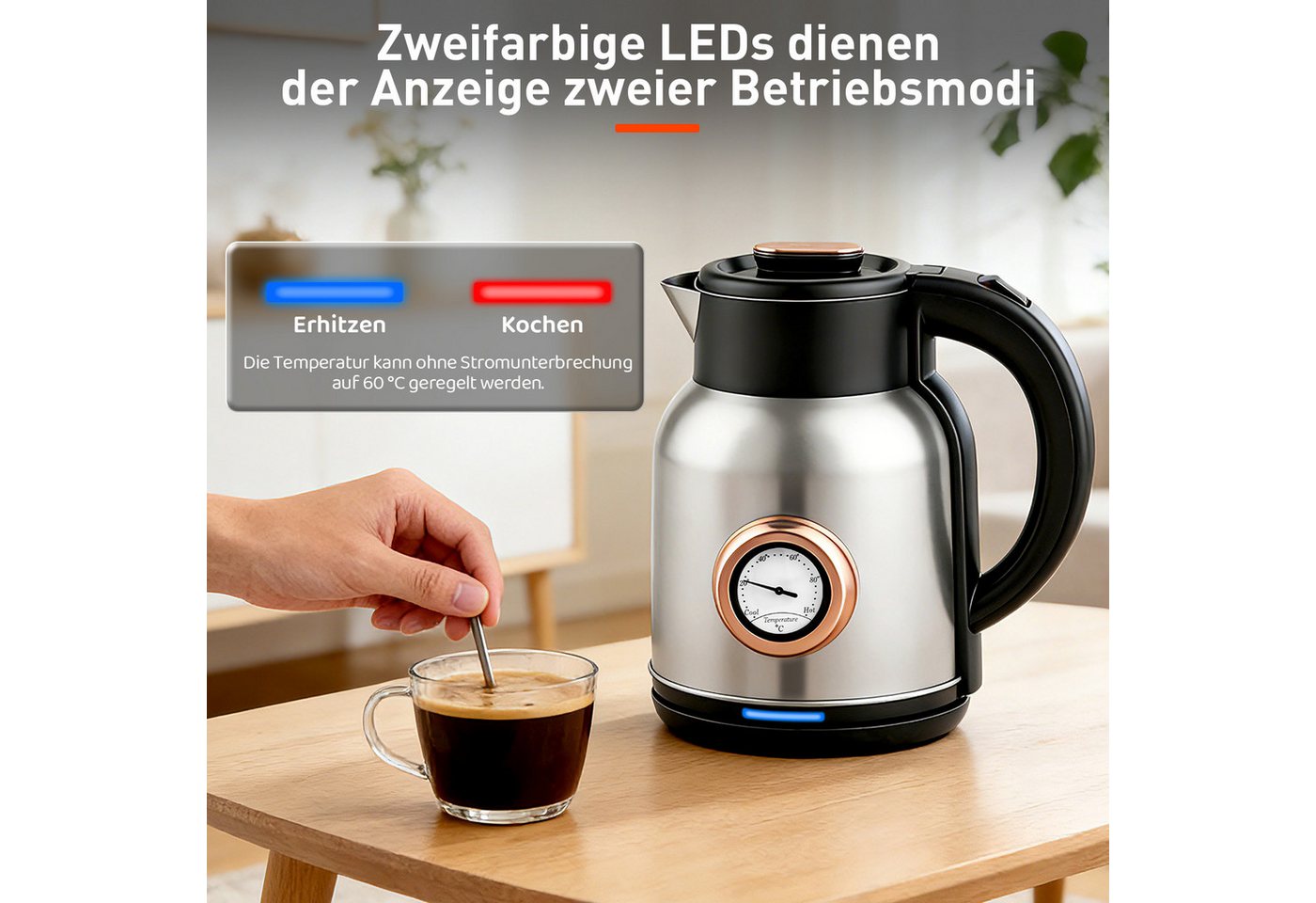 CkeyiN Pro Wasserkocher 304 Edelstahl,2L,Echtzeit-Thermometer,360°-Basis, 1500 W, Überhitzungsschutz, Trockengehschutz,Sprungdeckel,Leuchtanzeige Bild 2