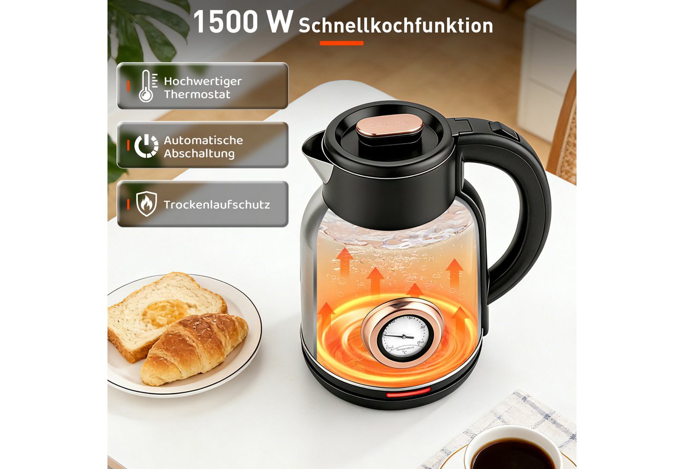 CkeyiN Pro Wasserkocher 304 Edelstahl,2L,Echtzeit-Thermometer,360°-Basis, 1500 W, Überhitzungsschutz, Trockengehschutz,Sprungdeckel,Leuchtanzeige Bild 3