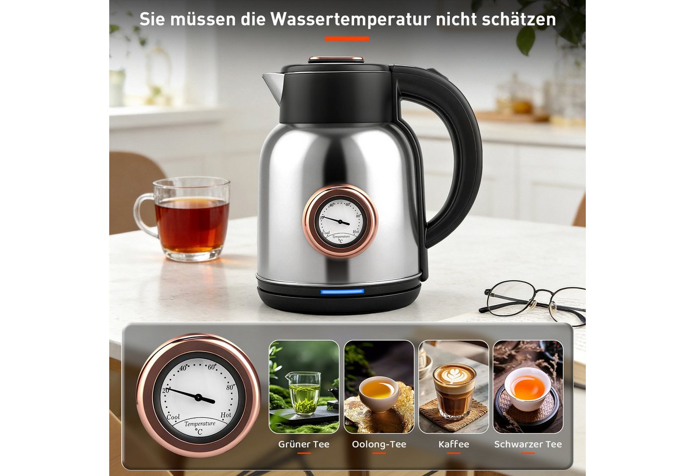 CkeyiN Pro Wasserkocher 304 Edelstahl,2L,Echtzeit-Thermometer,360°-Basis, 1500 W, Überhitzungsschutz, Trockengehschutz,Sprungdeckel,Leuchtanzeige Bild 5