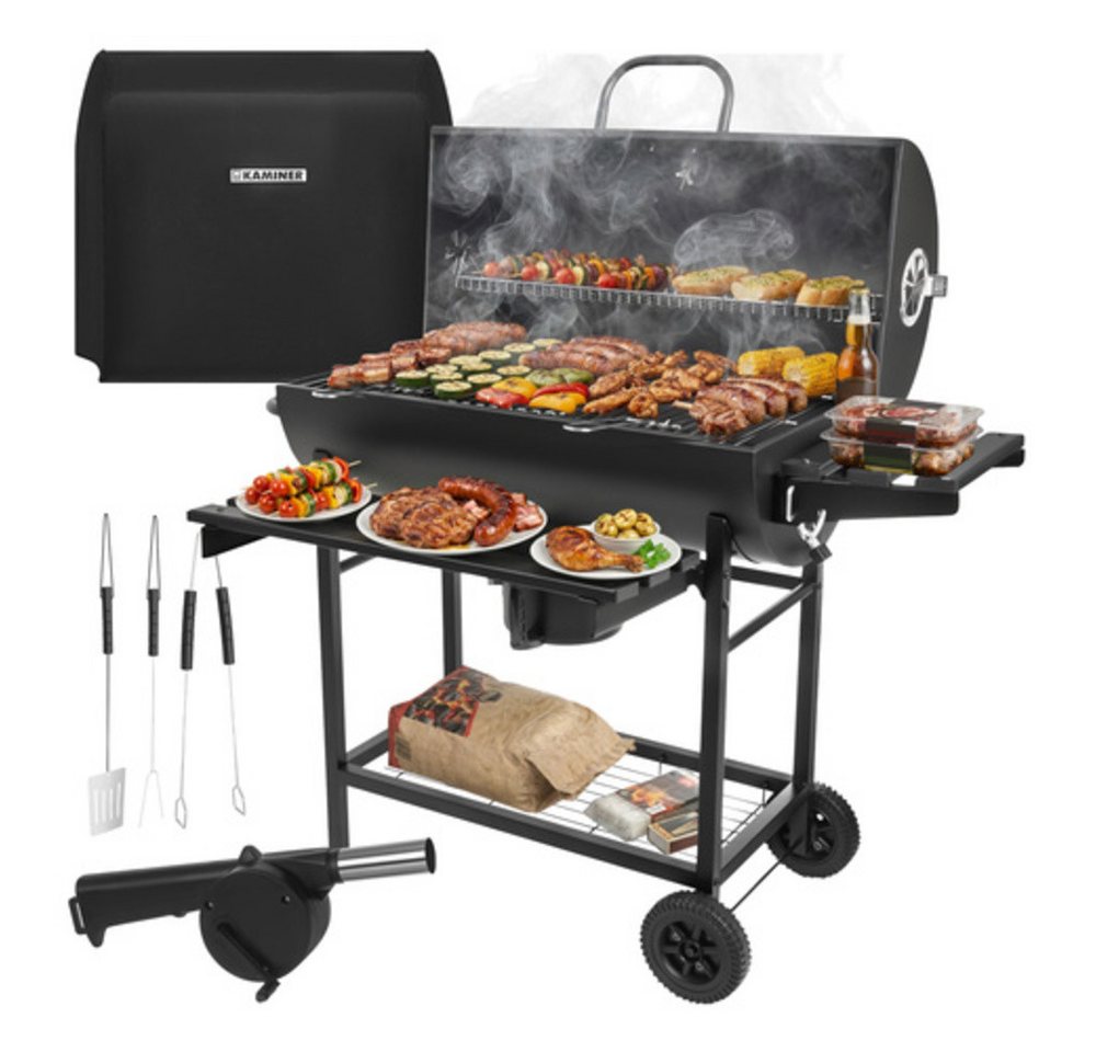 Kaminer Standgrill Holzkohlegrill Grillwagen Barbecue, Deckelthermometer, 2 Grillroste, Abdeckung, Zubehör-Set