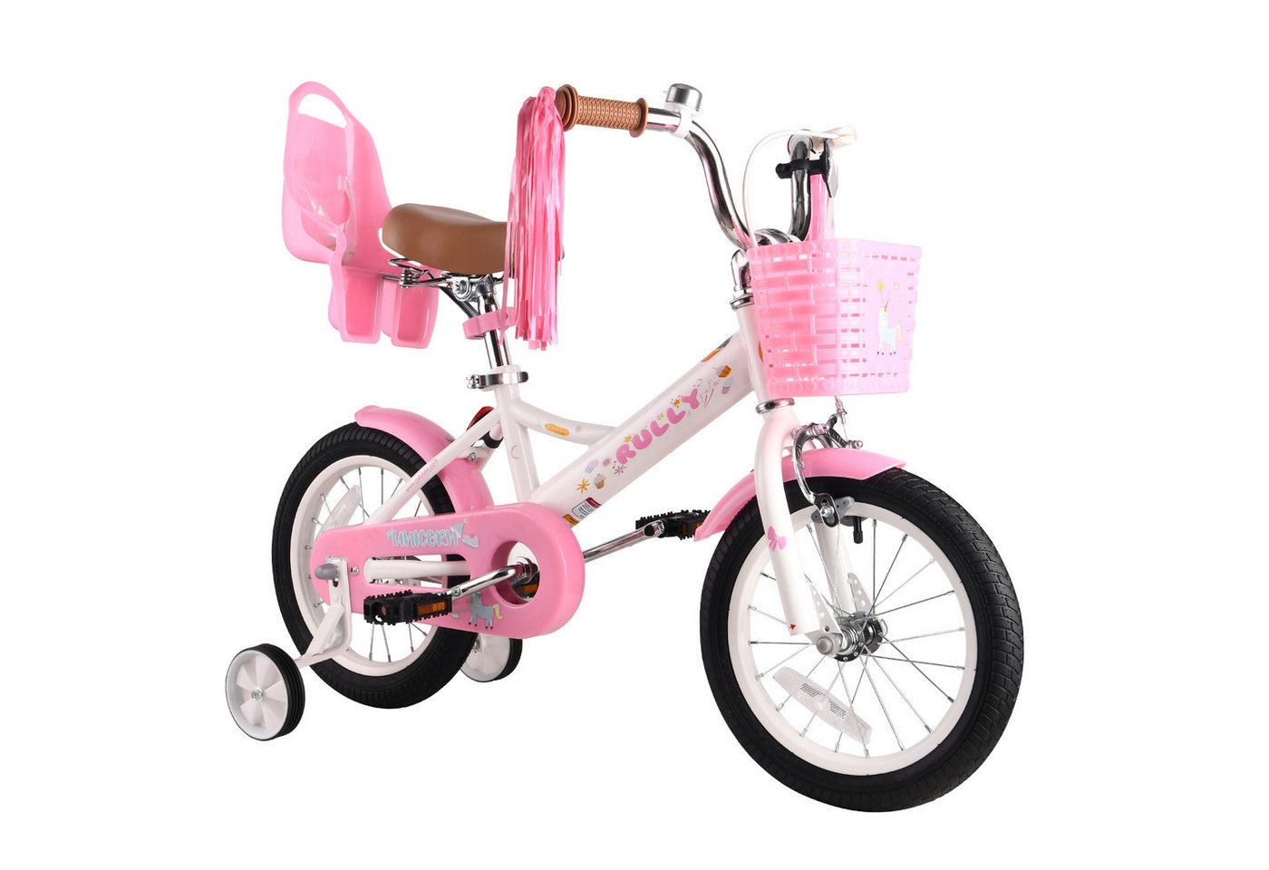 RULLY Kinderfahrrad Kinderfahrrad Mädchen 12/14/16 Zoll für 2–7 Jahre, 1 Gang, Mit Korb, Puppensitz, Stützrädern, Schutzblech & Klingel