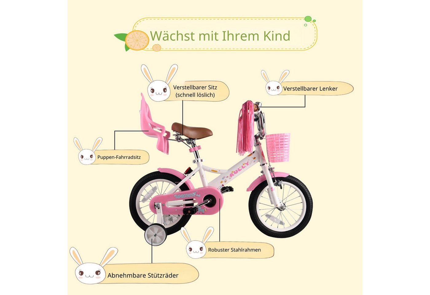 RULLY Kinderfahrrad Kinderfahrrad Mädchen 12/14/16 Zoll für 2–7 Jahre, 1 Gang, Mit Korb, Puppensitz, Stützrädern, Schutzblech & Klingel Bild 3
