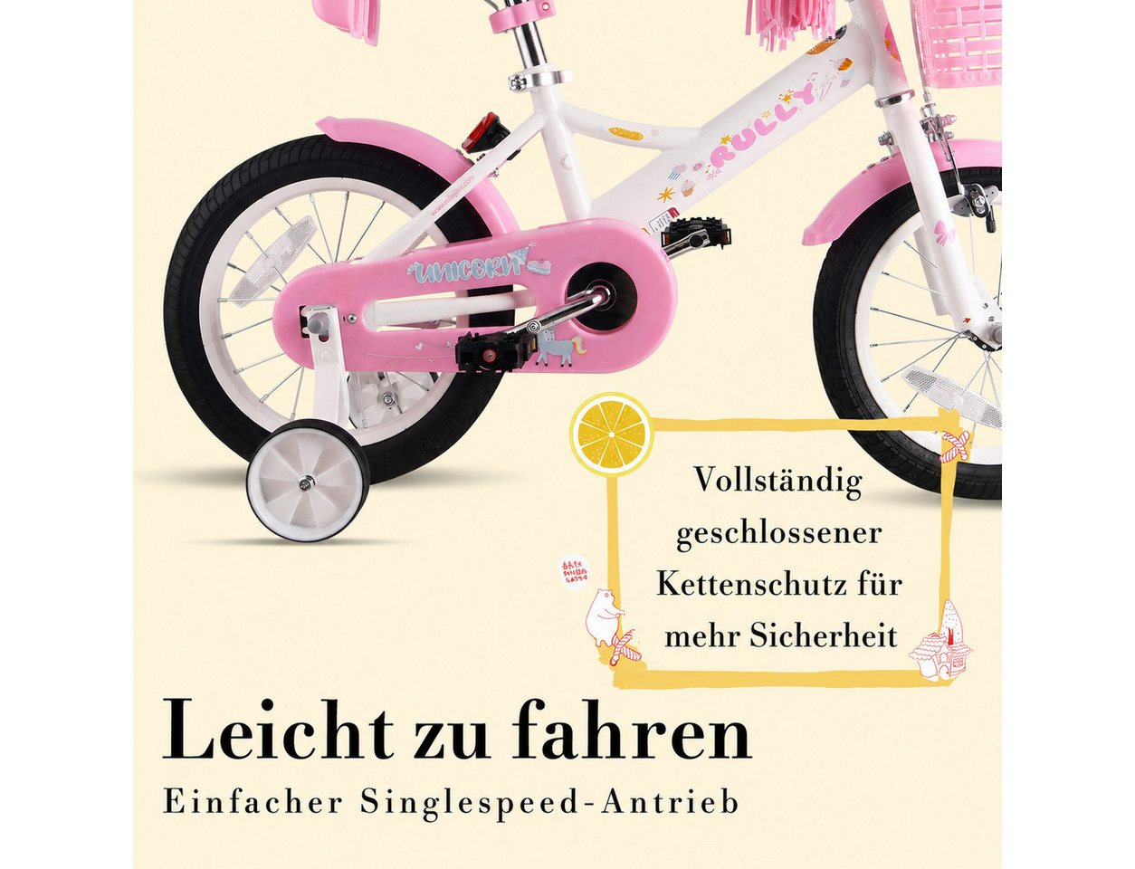 RULLY Kinderfahrrad Kinderfahrrad Mädchen 12/14/16 Zoll für 2–7 Jahre, 1 Gang, Mit Korb, Puppensitz, Stützrädern, Schutzblech & Klingel Bild 4
