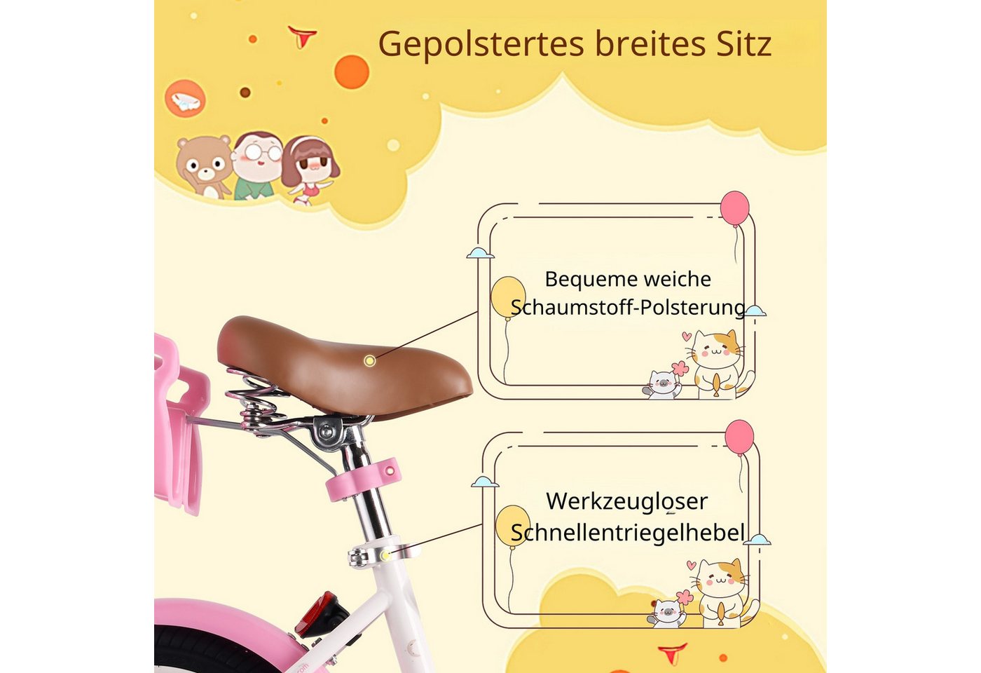 RULLY Kinderfahrrad Kinderfahrrad Mädchen 12/14/16 Zoll für 2–7 Jahre, 1 Gang, Mit Korb, Puppensitz, Stützrädern, Schutzblech & Klingel Bild 5