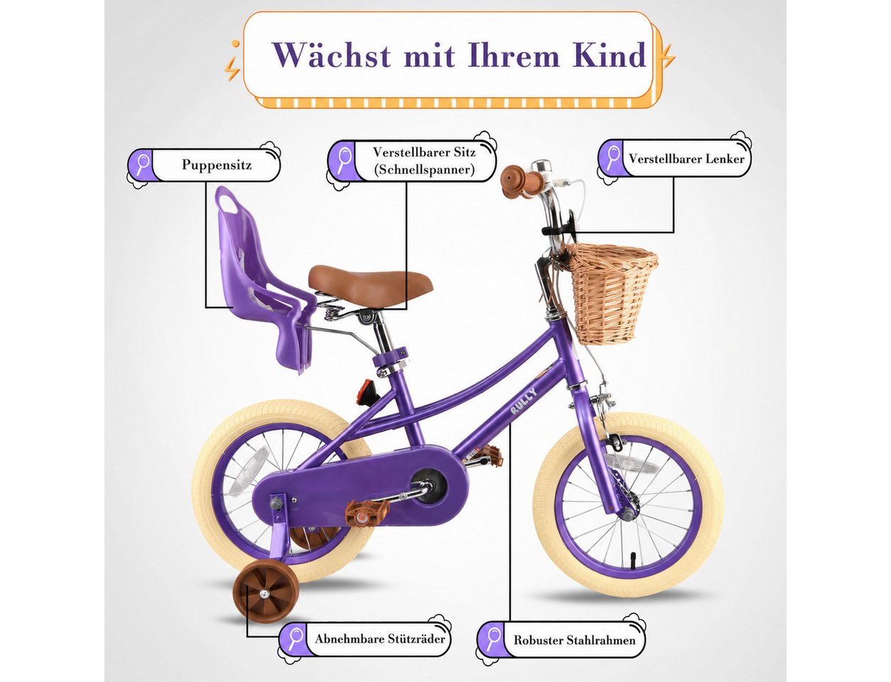 RULLY Kinderfahrrad Kinderfahrrad für Mädchen 12/14/16 Zoll mit Stützrädern, 2–7 Jahre, 1 Gang, Mit Korb, Puppensitz, Stützrädern, Schutzblech & Glocke Bild 4