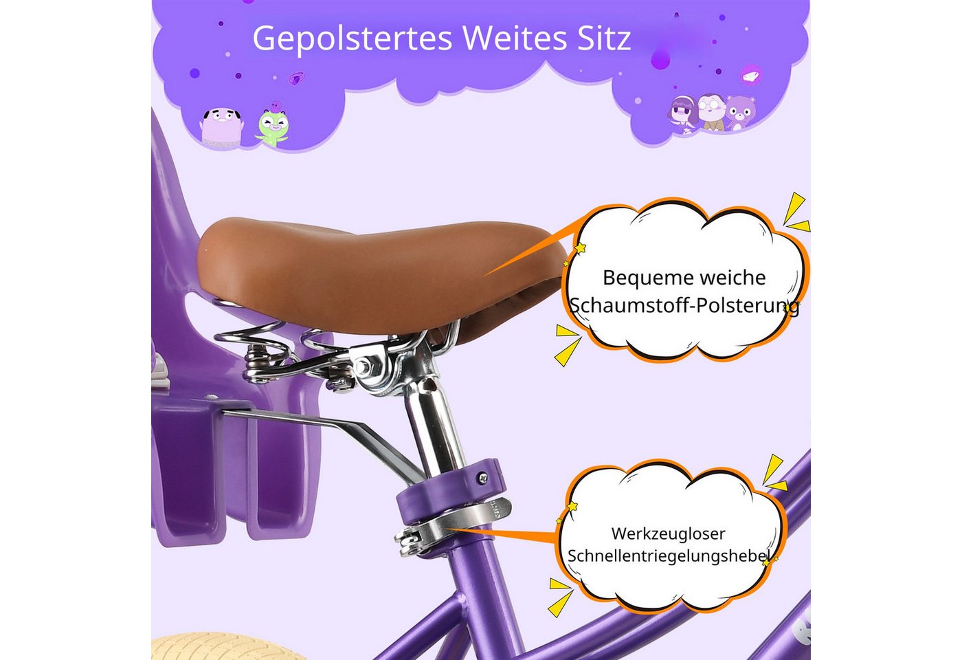 RULLY Kinderfahrrad Kinderfahrrad für Mädchen 12/14/16 Zoll mit Stützrädern, 2–7 Jahre, 1 Gang, Mit Korb, Puppensitz, Stützrädern, Schutzblech & Glocke Bild 5