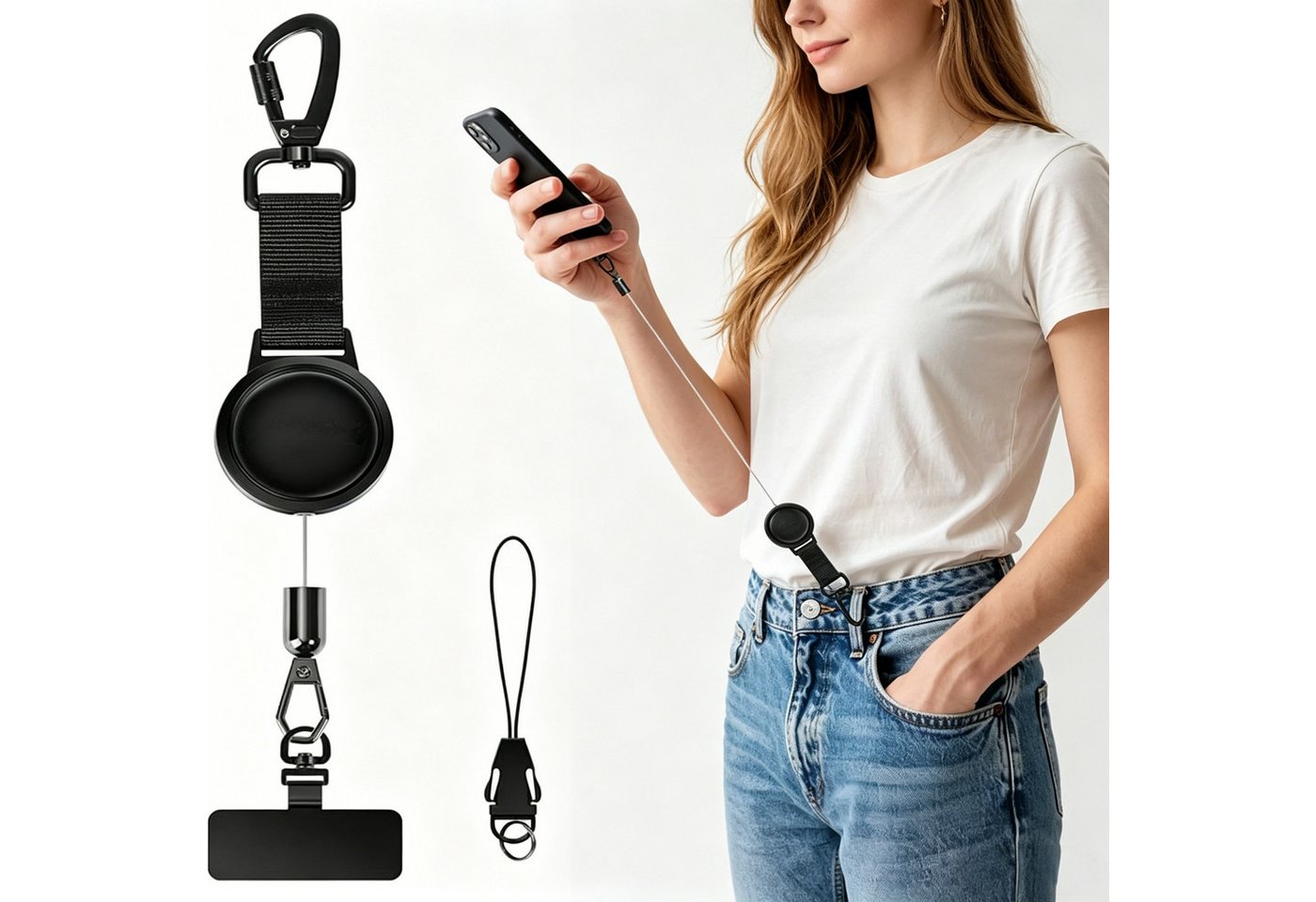 ibettertec Handykette Einziehbares Handy-Sicherungsband, Einziehbarer Umhängeband mit Diebstahlschutz und Metallhaken und 360°-Metallhalterung, Handy-Umhängeband für Outdoor wie Wandern, Klettern und Angeln Bild 3