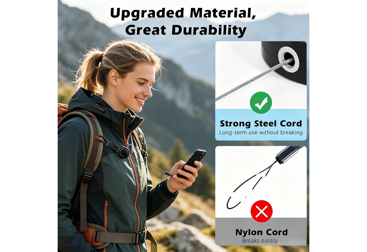 ibettertec Handykette Einziehbares Handy-Sicherungsband, Einziehbarer Umhängeband mit Diebstahlschutz und Metallhaken und 360°-Metallhalterung, Handy-Umhängeband für Outdoor wie Wandern, Klettern und Angeln Bild 4