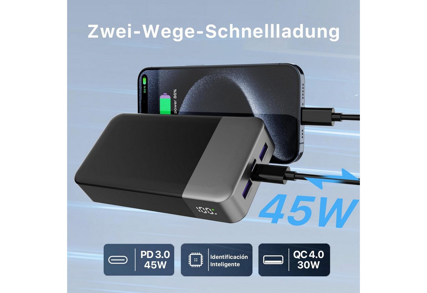 NOBIS Powerbank 20000mAh 45W Schnellladegerät Externer mit C zu C Kabel Powerbank 20000 mAh, power bank mit Digitalanzeige für Smartphone Laptop Tablet für Reisen Bild 3