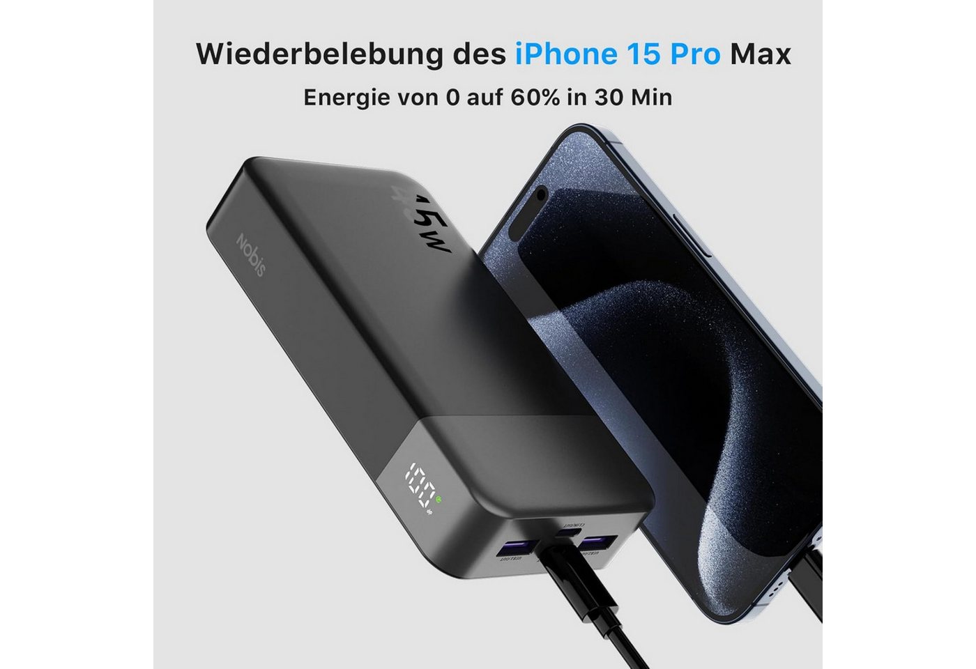 NOBIS Powerbank 20000mAh 45W Schnellladegerät Externer mit C zu C Kabel Powerbank 20000 mAh, power bank mit Digitalanzeige für Smartphone Laptop Tablet für Reisen Bild 5