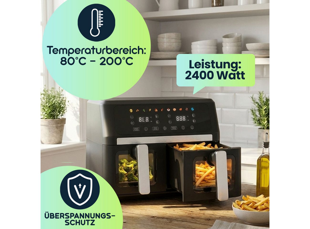 Casativo Heißluftfritteuse 9L Dual Zone Air Fryer – 2x 4,5L Körbe mit Sichtfenster, 2400 W, LED Touch Display – XXL Heissluft Fritteuse