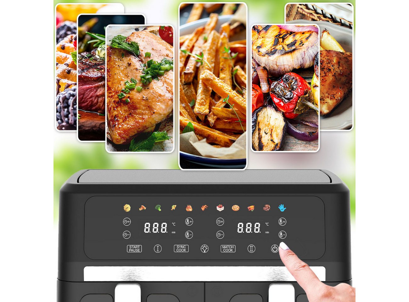 Casativo Heißluftfritteuse 9L Dual Zone Air Fryer – 2x 4,5L Körbe mit Sichtfenster, 2400 W, LED Touch Display – XXL Heissluft Fritteuse Bild 2