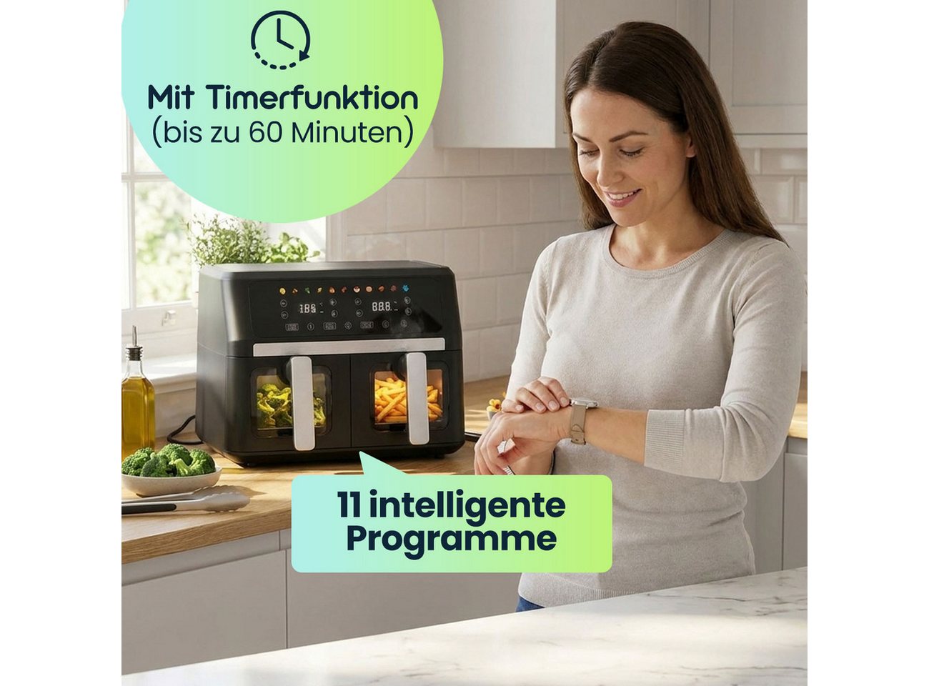 Casativo Heißluftfritteuse 9L Dual Zone Air Fryer – 2x 4,5L Körbe mit Sichtfenster, 2400 W, LED Touch Display – XXL Heissluft Fritteuse Bild 3
