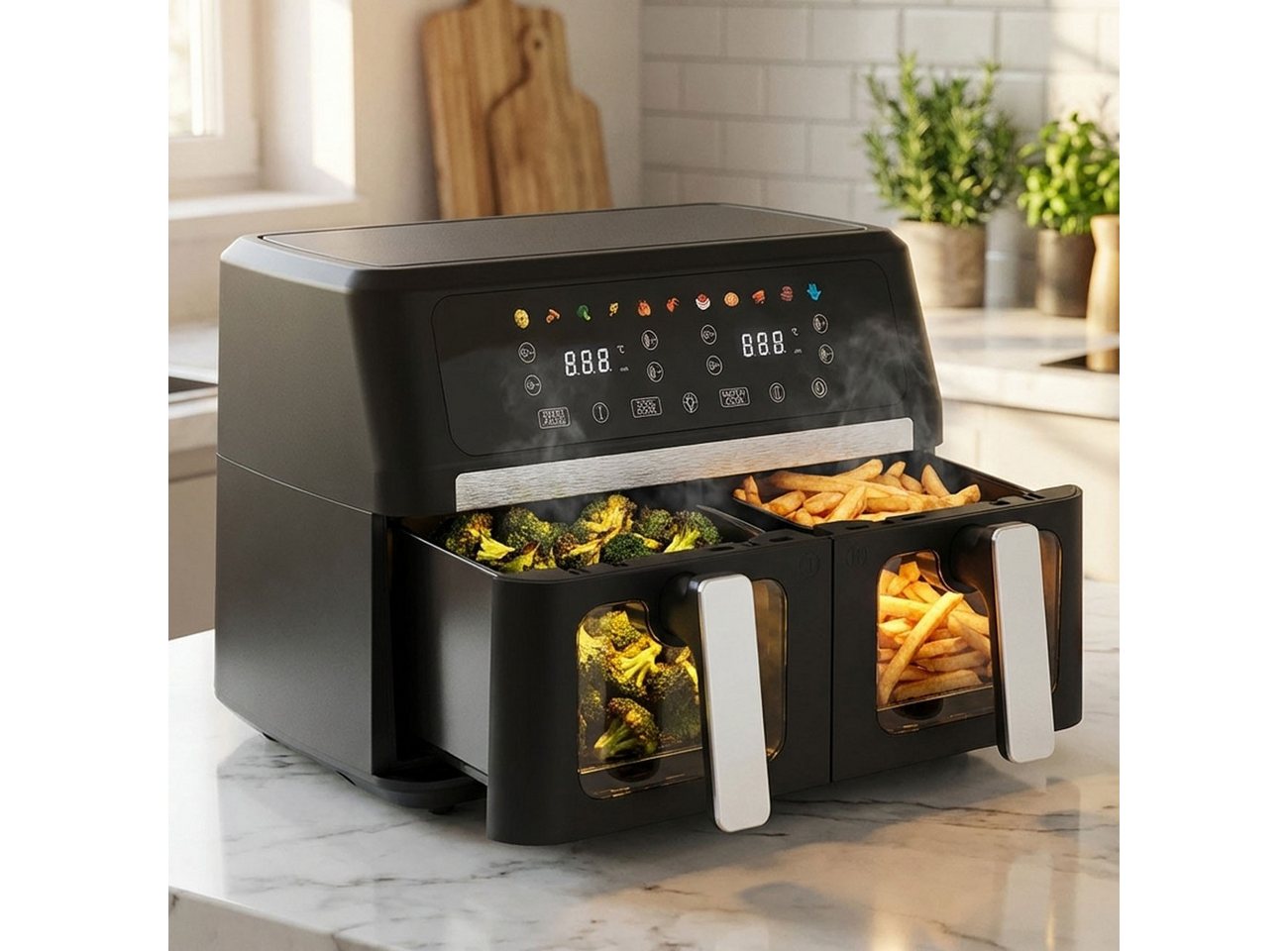 Casativo Heißluftfritteuse 9L Dual Zone Air Fryer – 2x 4,5L Körbe mit Sichtfenster, 2400 W, LED Touch Display – XXL Heissluft Fritteuse Bild 4