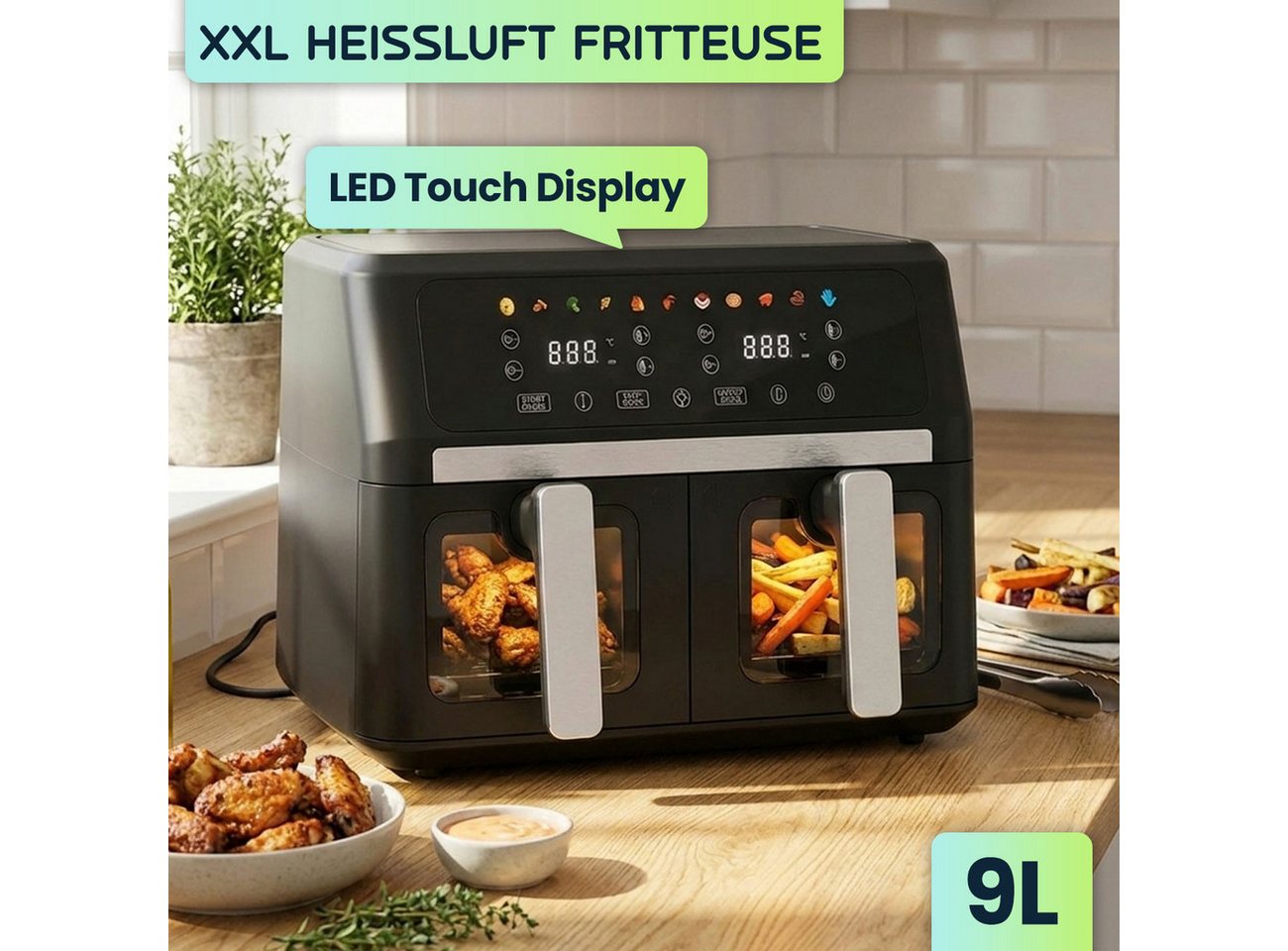 Casativo Heißluftfritteuse 9L Dual Zone Air Fryer – 2x 4,5L Körbe mit Sichtfenster, 2400 W, LED Touch Display – XXL Heissluft Fritteuse Bild 5