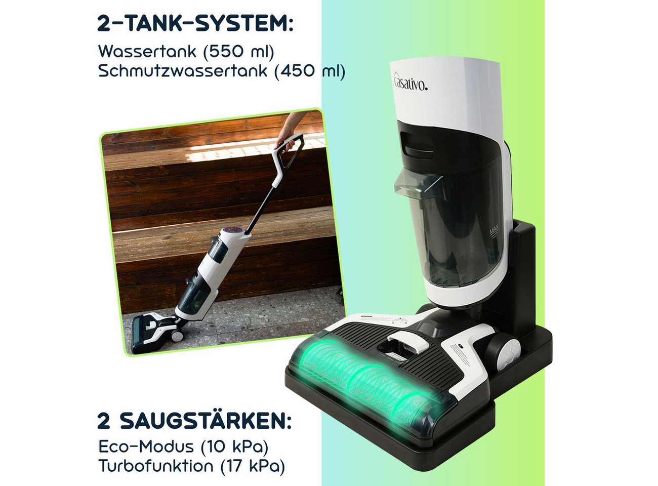 Casativo Nass-Trocken-Akkusauger Boden-Wischsauger mit HEPA-Filter, 220 W, 550ml Bild 2