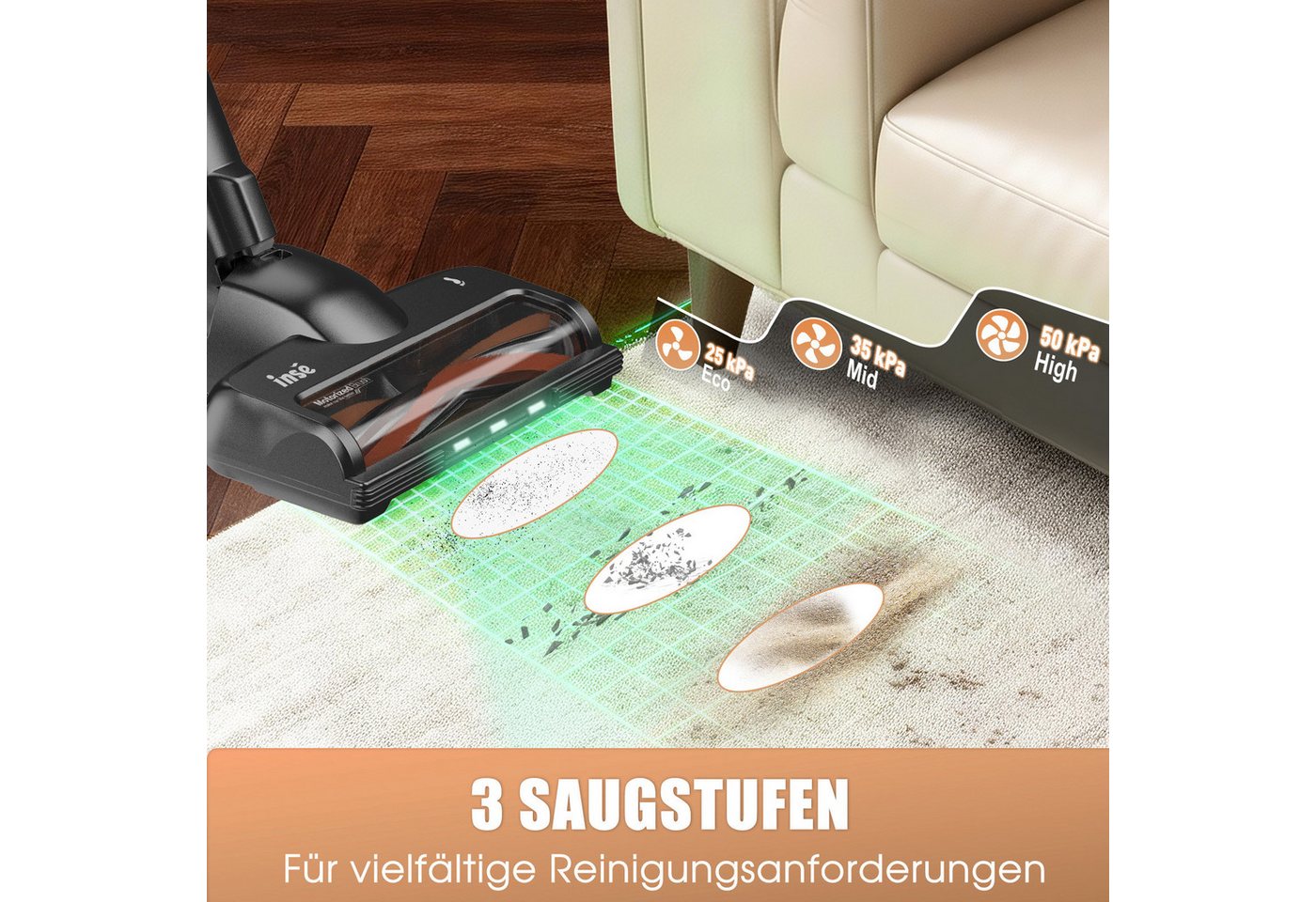 INSE Akku-Hand-und Stielstaubsauger Akku Staubsauger 50000Pa/1.2 L/60 Min, Staubsauger Kabellos, 1,2L Staubbehälter, mit LED Display,3 Saugstufen,Akkusauger, 2500mAh Für Teppich,Tierhaare
