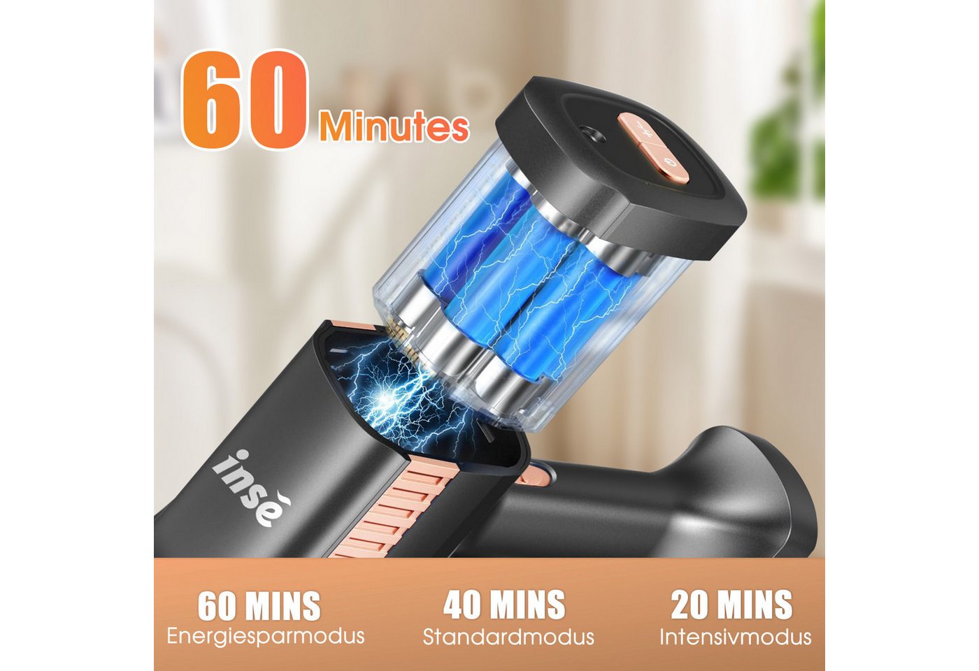 INSE Akku-Hand-und Stielstaubsauger Akku Staubsauger 50000Pa/1.2 L/60 Min, Staubsauger Kabellos, 1,2L Staubbehälter, mit LED Display,3 Saugstufen,Akkusauger, 2500mAh Für Teppich,Tierhaare Bild 3