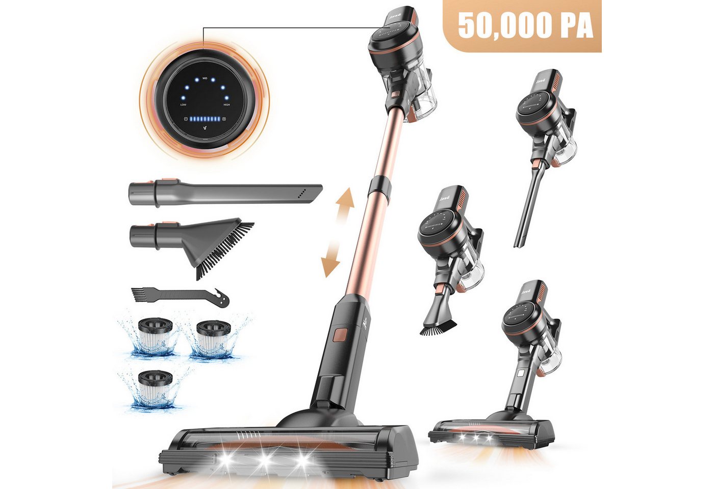 INSE Akku-Hand-und Stielstaubsauger Akku Staubsauger 50000Pa/1.2 L/60 Min, Staubsauger Kabellos, 1,2L Staubbehälter, mit LED Display,3 Saugstufen,Akkusauger, 2500mAh Für Teppich,Tierhaare Bild 4