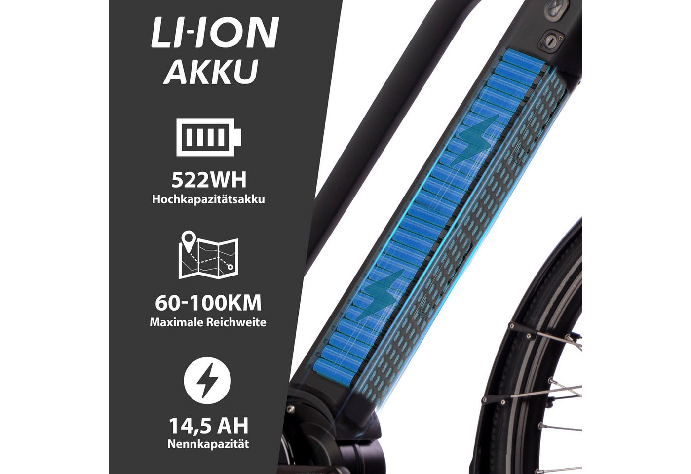 SAXXX E-Bike Trekkingrad 28 Zoll Pedelec mit 90 Nm Antrieb, 10 Gang SHIMANO Deore Schaltwerk, Kettenschaltung, Mittelmotor, 522 Wh, (mit abnehmbarem Akku mit Schloss vormontiert zu 95), Bis 100 km Reichweite, hydraulische Scheibenbremsen Bild 2