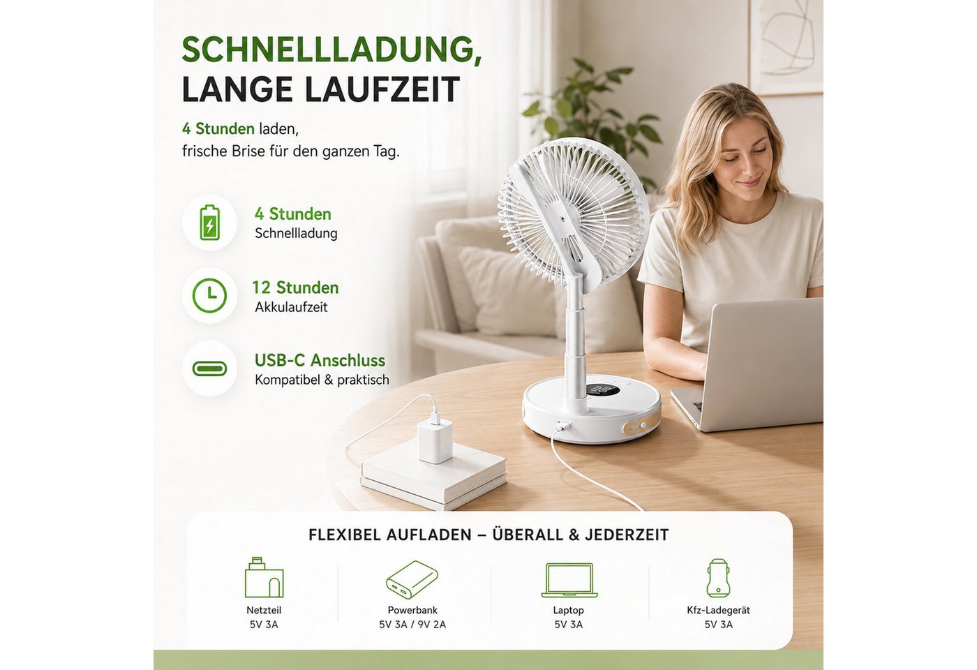 KINSI Akku-Ventilator Faltbarer Ventilator, USB Standventilato, Mobiler Tischventilator, 19 cm Durchmesser, Mit magnetischer Fernbedienung, 4-Stufen-Timer, 6-Stufen-Luftstärke