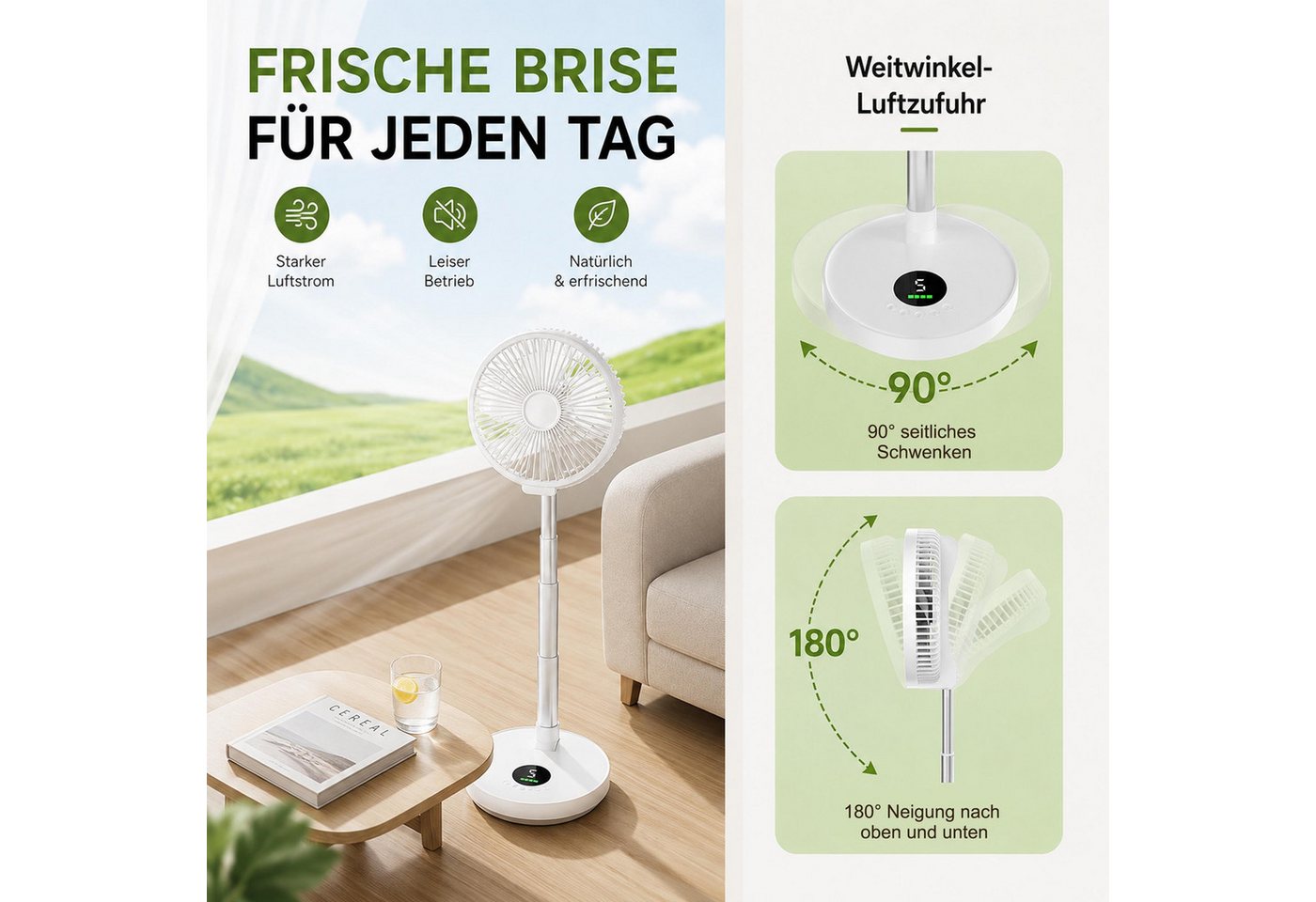 KINSI Akku-Ventilator Faltbarer Ventilator, USB Standventilato, Mobiler Tischventilator, 19 cm Durchmesser, Mit magnetischer Fernbedienung, 4-Stufen-Timer, 6-Stufen-Luftstärke Bild 2