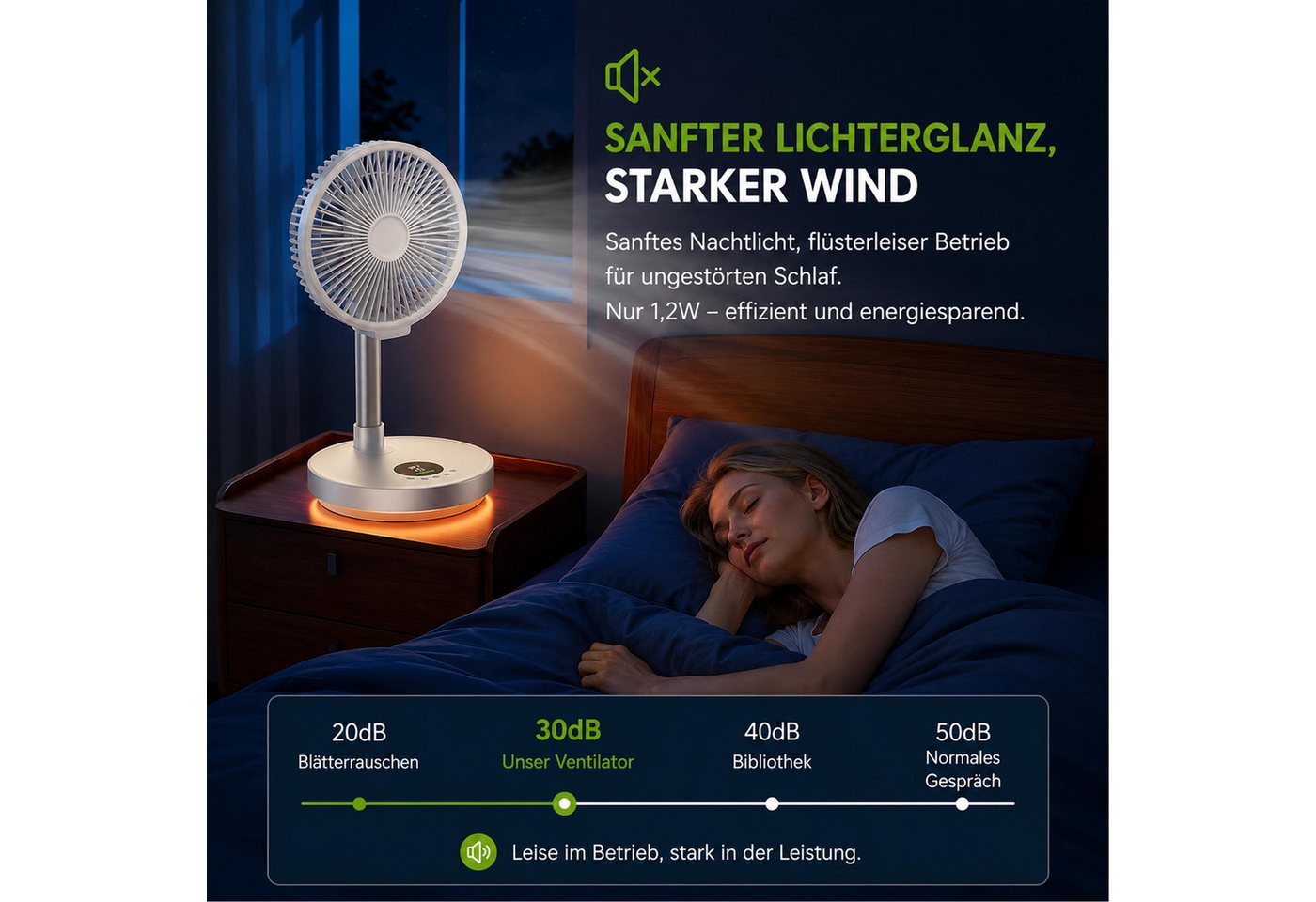 KINSI Akku-Ventilator Faltbarer Ventilator, USB Standventilato, Mobiler Tischventilator, 19 cm Durchmesser, Mit magnetischer Fernbedienung, 4-Stufen-Timer, 6-Stufen-Luftstärke Bild 5