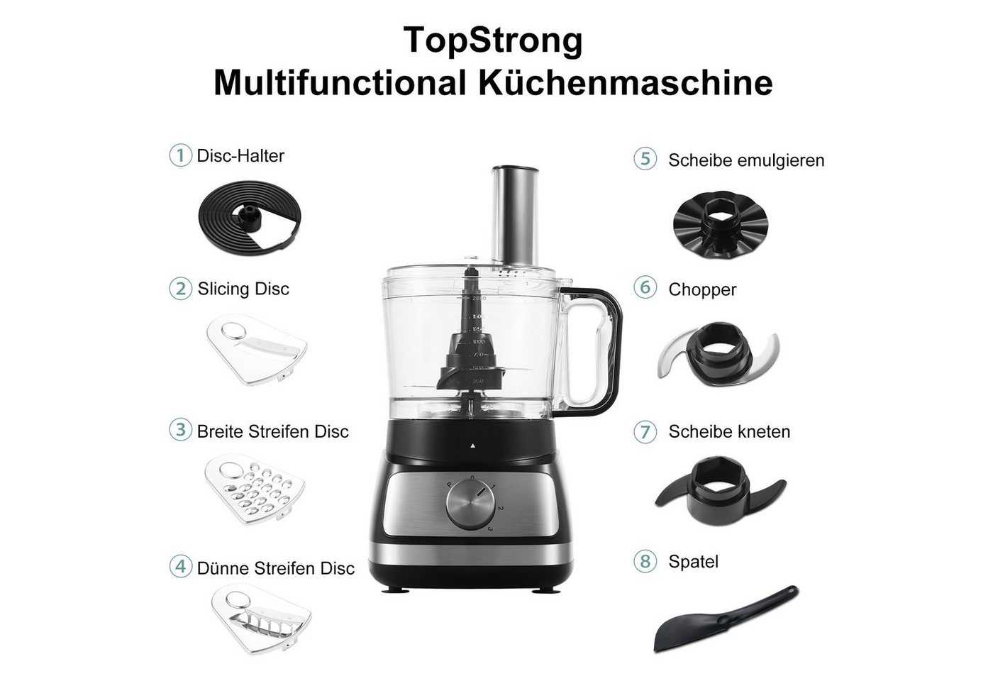 SNDOAS Küchenmaschine, 800 W, 2 l Schüssel, Mixer & Zerkleinerer mit 3 einstellbaren Geschwindigkeiten