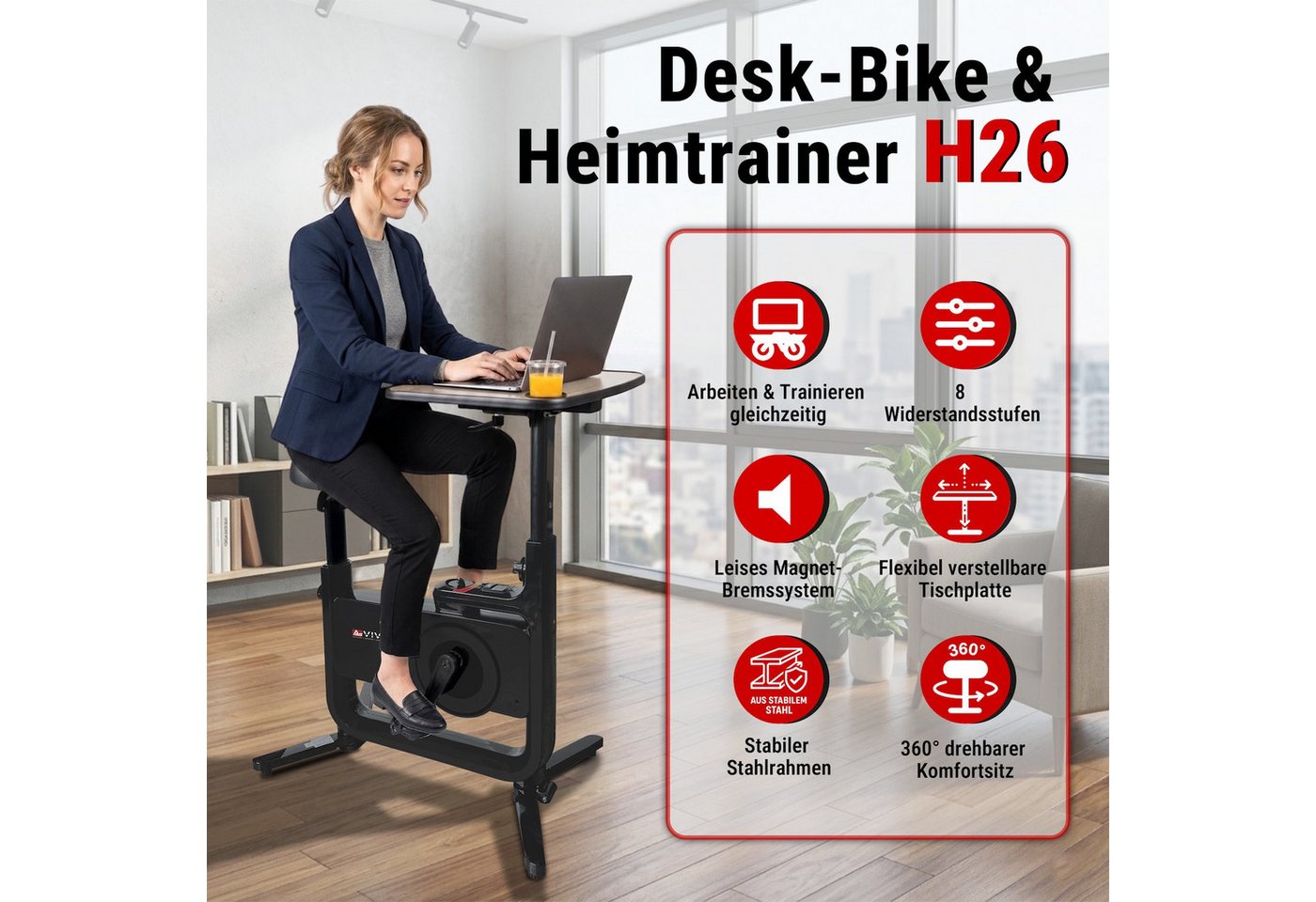 AsVIVA Heimtrainer H26 Desk Bike - Homeoffice Fahrrad mit Tischplatte & Riemenantrieb, Heimtrainer Fahrrad mit integrierter Tischplatte & Getränkehalter Bild 4