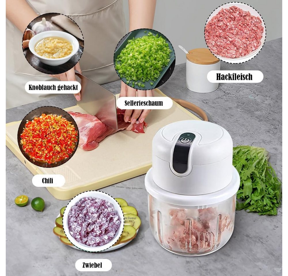 TUWENA Zerkleinerer Elektrischer Küchenzerkleinerer, Zwiebelzerkleinerer elektrisch 350 ml, Kabelloser Zerkleinerer für Zwiebeln, Obst, Nüsse, Fleisch, Knoblauch