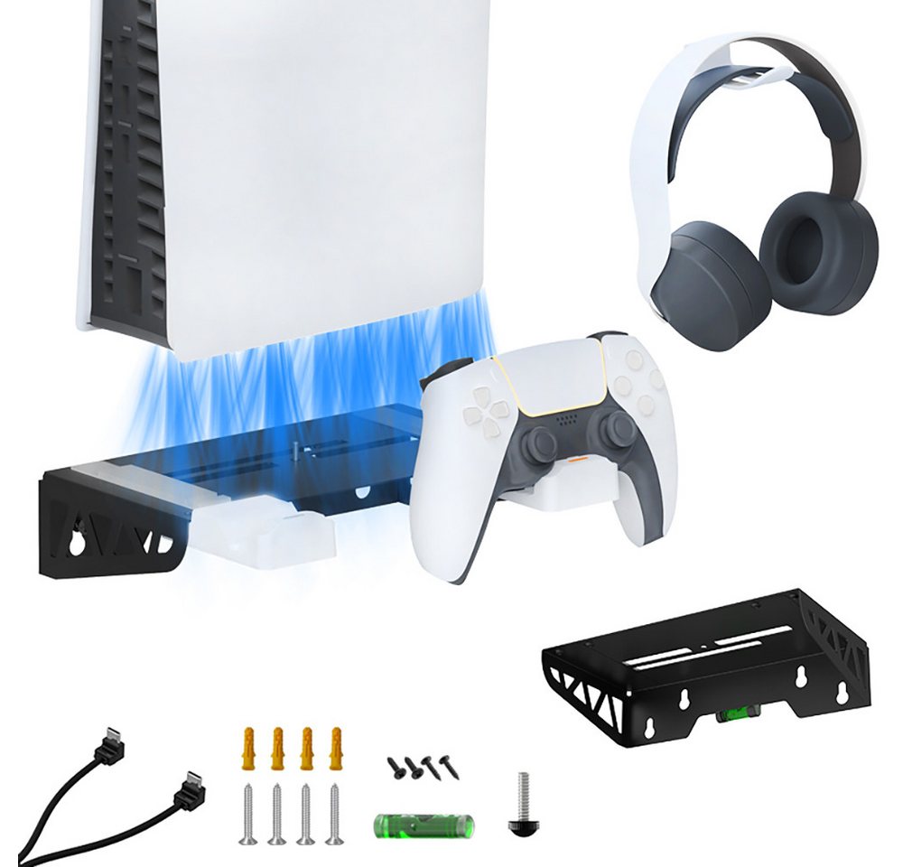 ibettertec Wall Mount Wandhalterung PS5 Slim mit Lüfter mit Controller-Ladegerät Controller-Ladestation (Controller-Ladegerät für PS5, Ladestation PS5 mit Kopfhörerhalterung) Bild 2