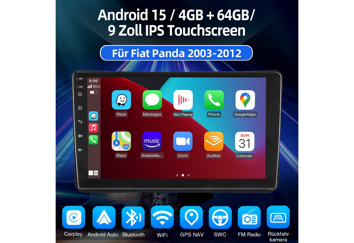 ESSGOO 9" Autoradio Android 15 Carplay GPS NAVI SWC Für Fiat Panda 2003-2012 Autoradio (RDS, 4+64GB(optional), Digitalradio (DAB), FM, BT 4.1, SWC, Carplay Android Auto Bluetooth EQ USB GPS Navi WIFI Touchscreen)