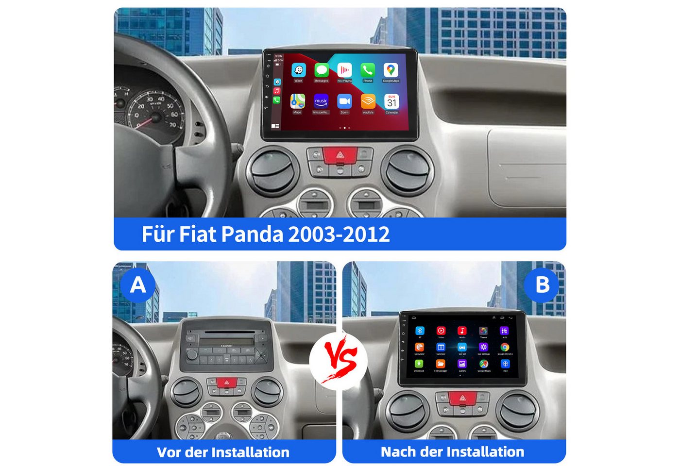 ESSGOO 9" Autoradio Android 15 Carplay GPS NAVI SWC Für Fiat Panda 2003-2012 Autoradio (RDS, 4+64GB(optional), Digitalradio (DAB), FM, BT 4.1, SWC, Carplay Android Auto Bluetooth EQ USB GPS Navi WIFI Touchscreen) Bild 3