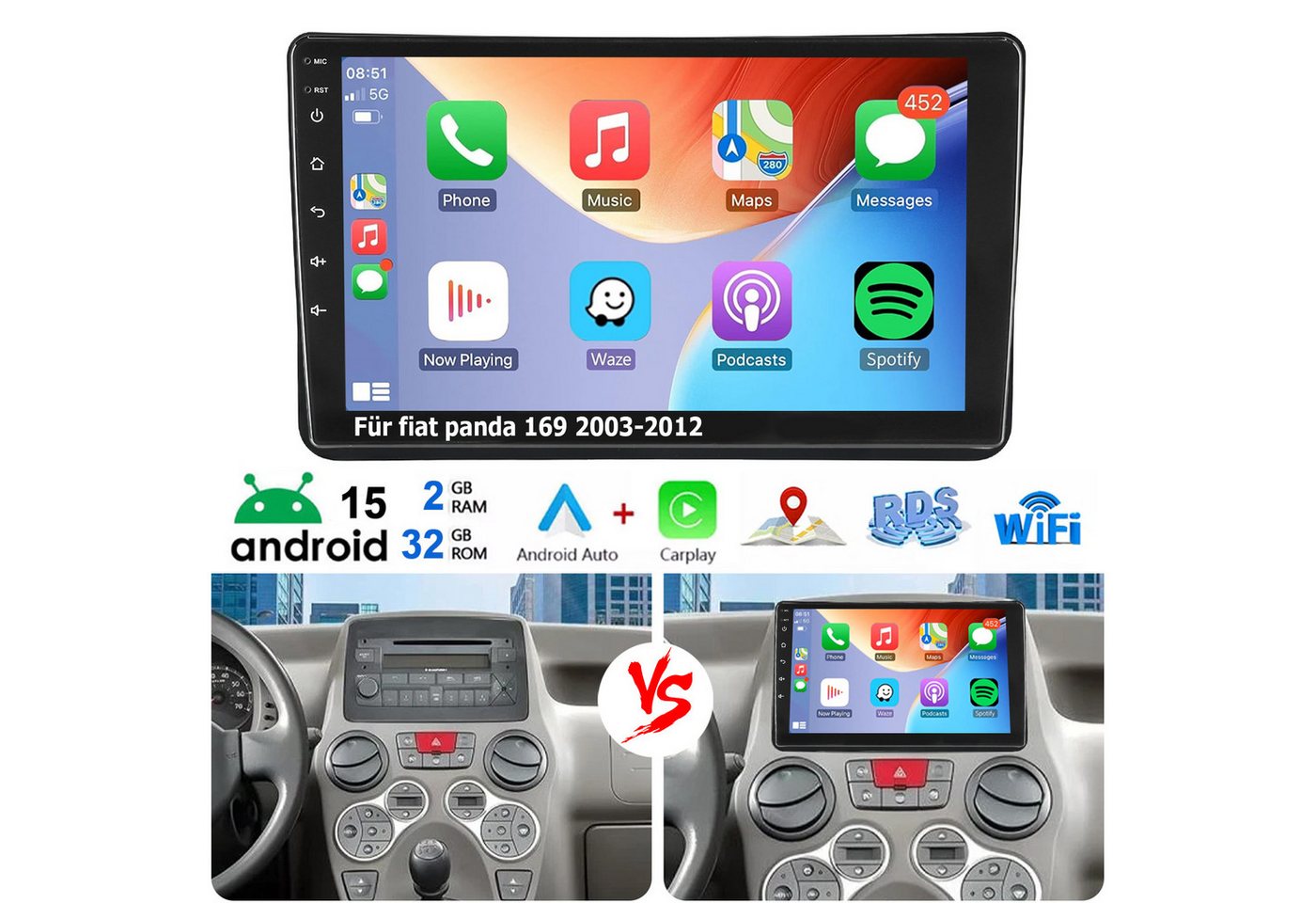 ESSGOO 9" Autoradio Android 15 Carplay GPS NAVI SWC Für Fiat Panda 2003-2012 Autoradio (RDS, 4+64GB(optional), Digitalradio (DAB), FM, BT 4.1, SWC, Carplay Android Auto Bluetooth EQ USB GPS Navi WIFI Touchscreen) Bild 5