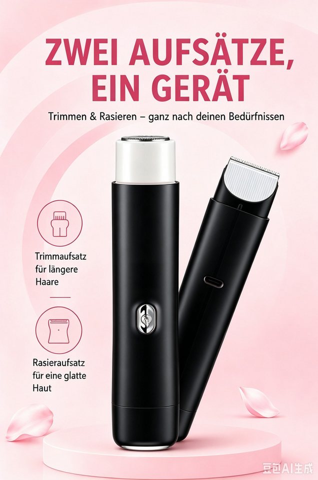 Luckice Elektrokörperrasierer Elektrischer Bikinitrimmer, 2-in-1 Damenrasierer mit 2 Scherköpfen, Aufsätze: 5, Trimmer + Folienrasierer, USB-C, LED-Akkuanzeige, Aufsteckkamm, für Bikinizone, hseln & Körper, Rosa, wiederaufladbar Bild 2