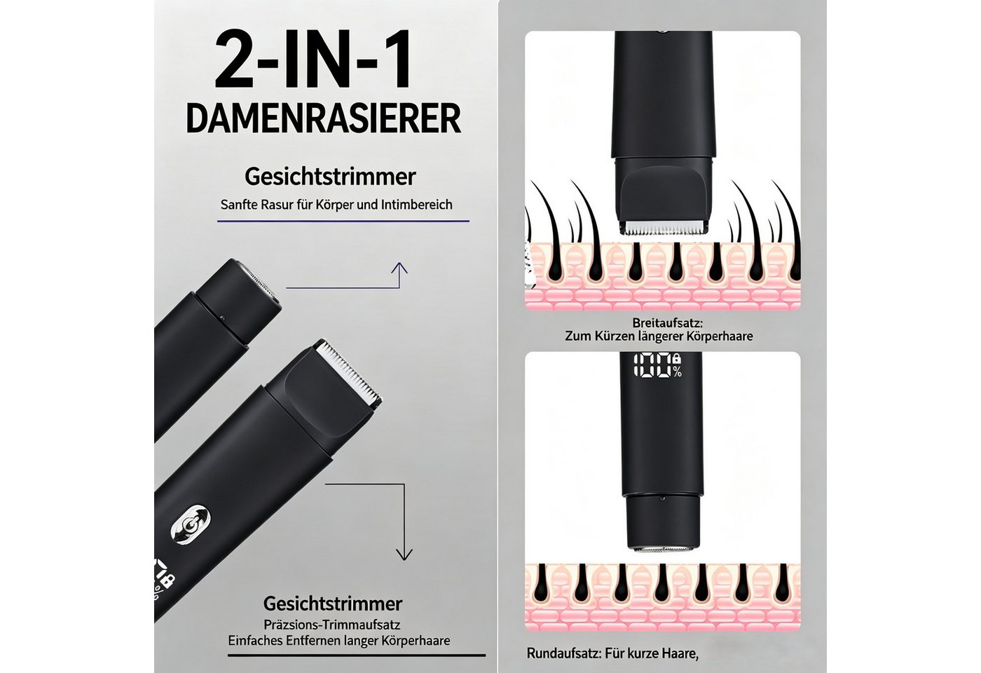 Luckice Elektrokörperrasierer Elektrischer Bikinitrimmer, 2-in-1 Damenrasierer mit 2 Scherköpfen, Aufsätze: 5, Trimmer + Folienrasierer, USB-C, LED-Akkuanzeige, Aufsteckkamm, für Bikinizone, hseln & Körper, Rosa, wiederaufladbar Bild 3