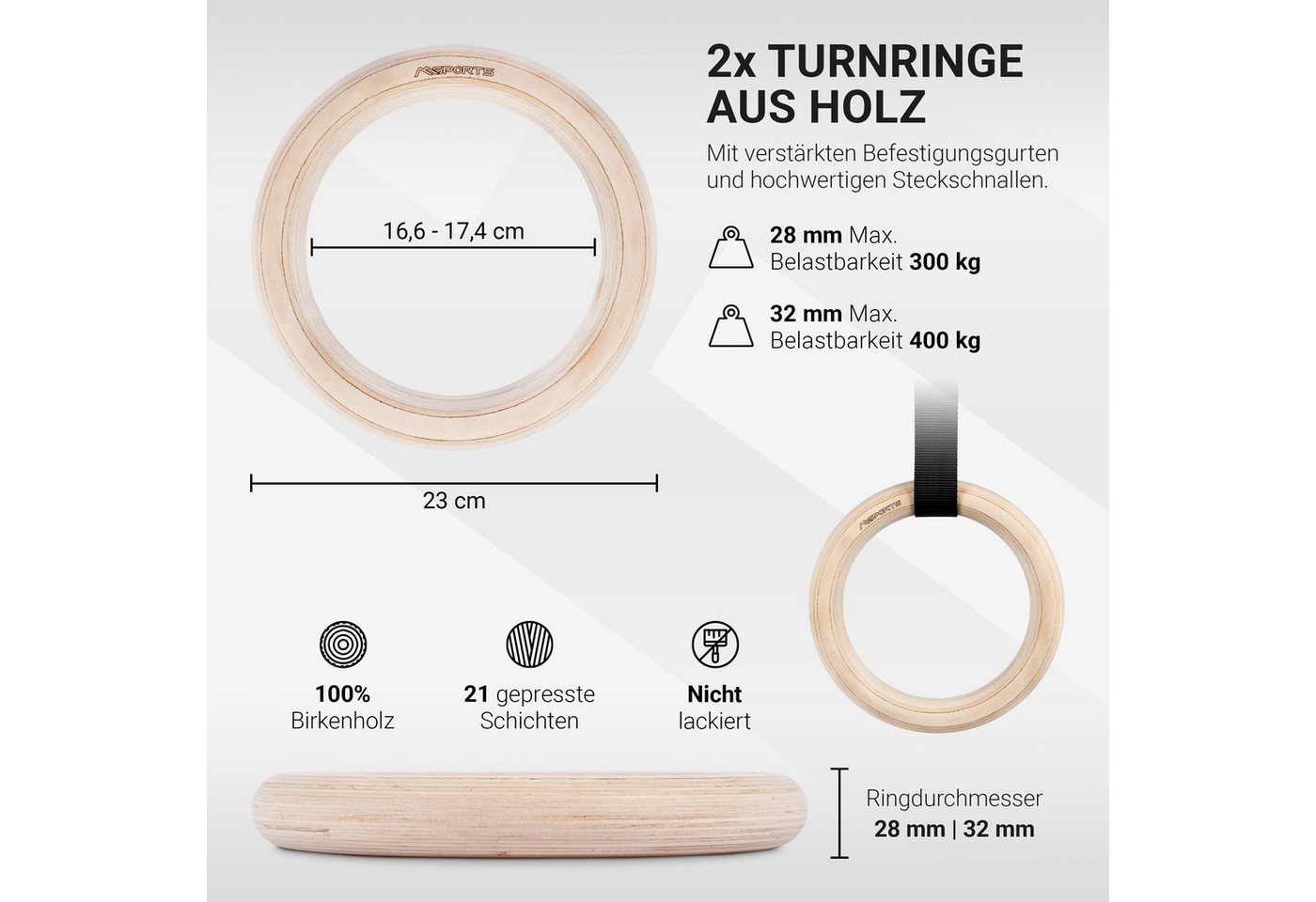 MSports® Trainingsring Turnringe Premium Holz Gymnastikringe Ringe Turnen 28mm oder 32mm Bild 5