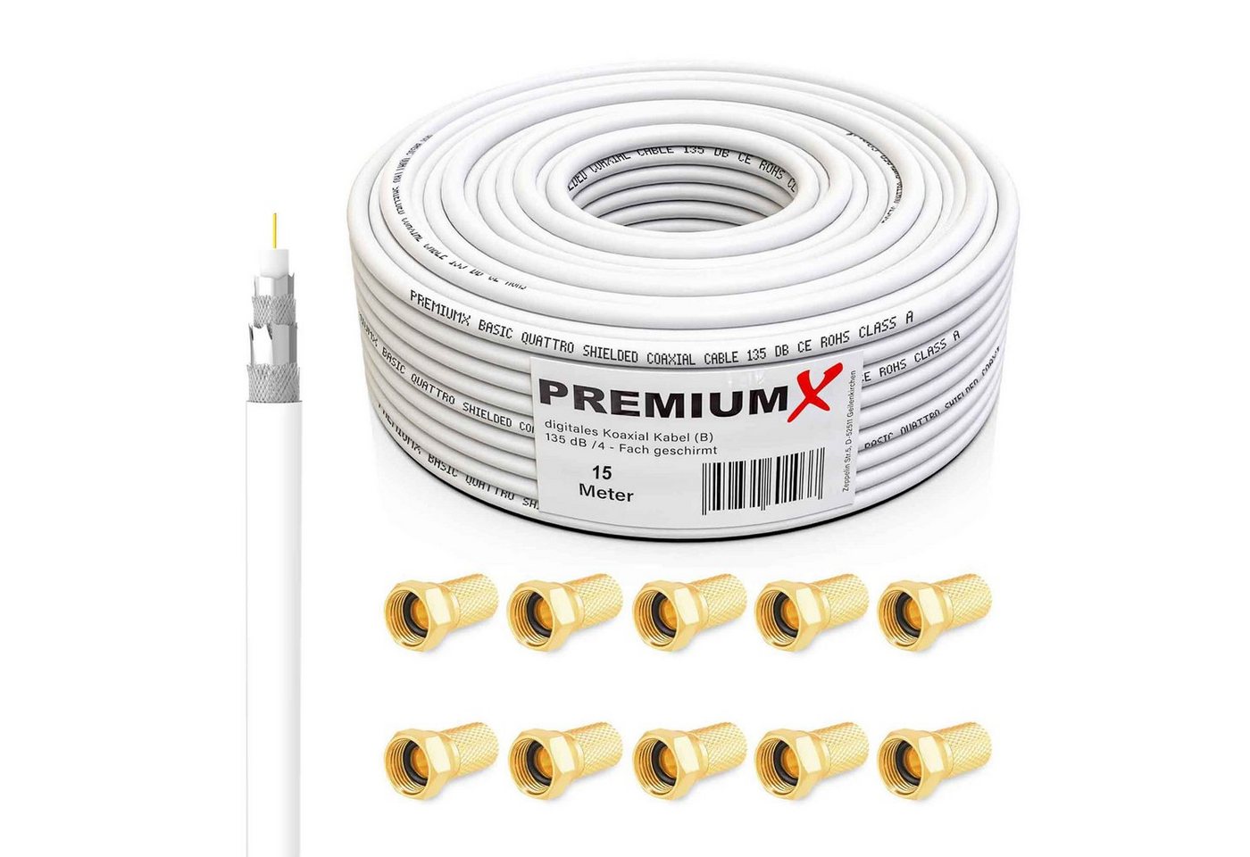 PremiumX 15m BASIC Koaxialkabel 135dB 4-fach SAT Koax Kabel 10x F-Stecker SAT-Kabel