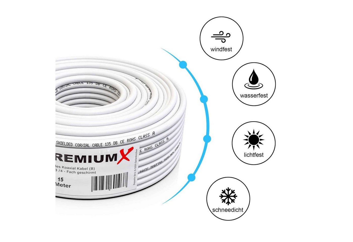 PremiumX 15m BASIC Koaxialkabel 135dB 4-fach SAT Koax Kabel 10x F-Stecker SAT-Kabel Bild 4