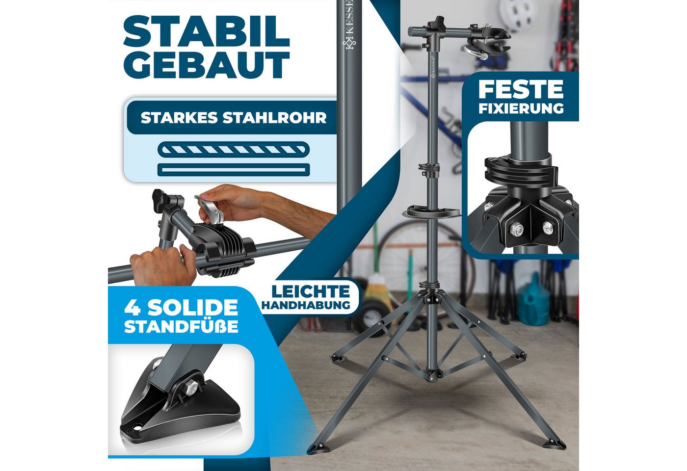 KESSER Fahrrad-Montageständer Profi Reparaturständer Fahrradständer bis 50kg Traglast, Fahrradmontageständer inkl. Tasche, Werkzeugschale & Magnetfach Bild 2