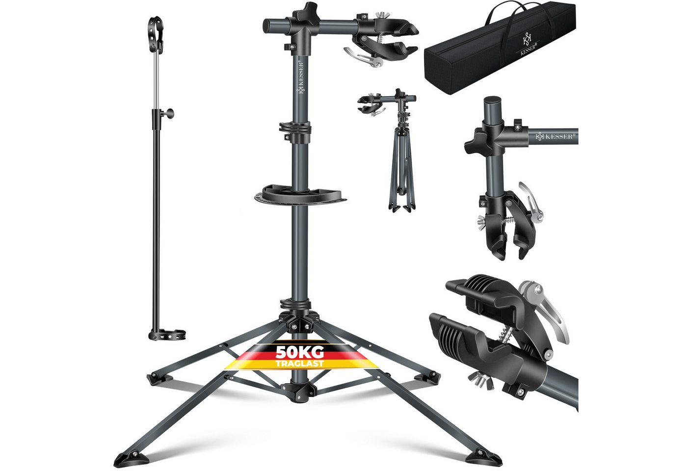 KESSER Fahrrad-Montageständer Profi Reparaturständer Fahrradständer bis 50kg Traglast, Fahrradmontageständer inkl. Tasche, Werkzeugschale & Magnetfach Bild 3