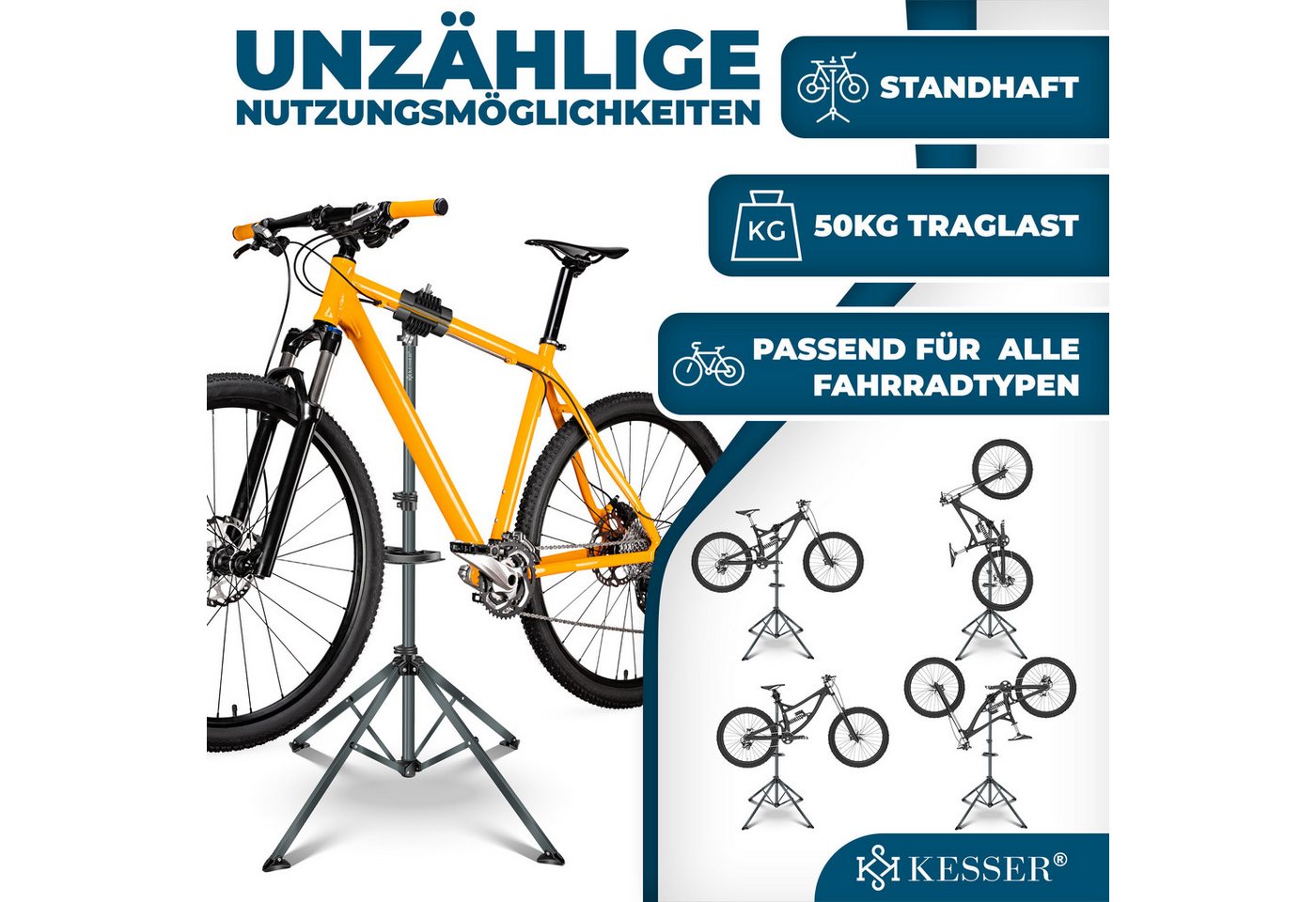 KESSER Fahrrad-Montageständer Profi Reparaturständer Fahrradständer bis 50kg Traglast, Fahrradmontageständer inkl. Tasche, Werkzeugschale & Magnetfach Bild 4