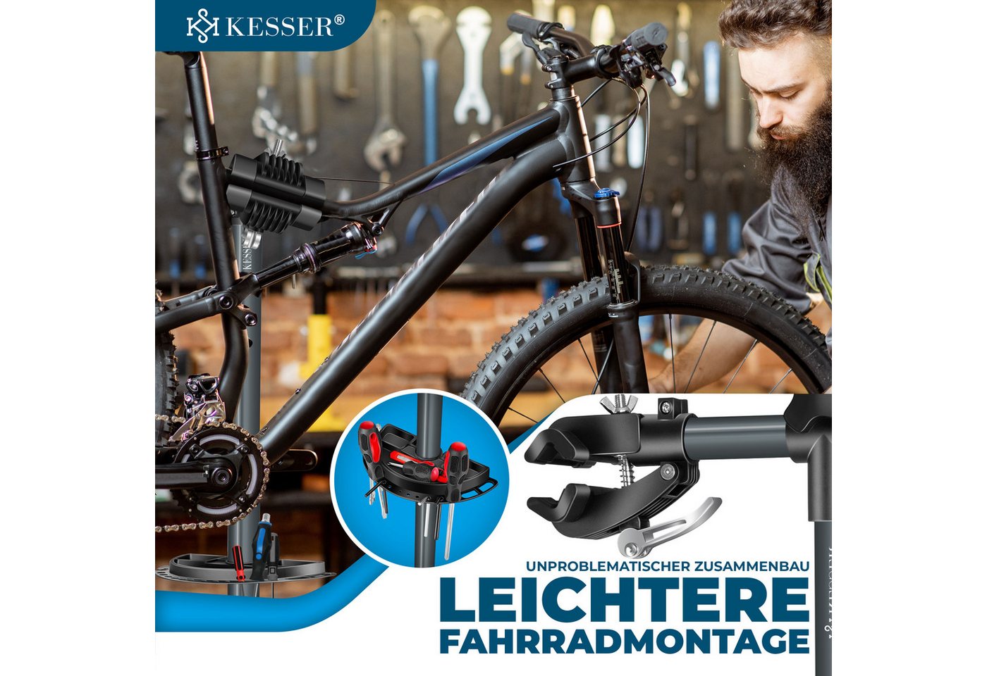 KESSER Fahrrad-Montageständer Profi Reparaturständer Fahrradständer bis 50kg Traglast, Fahrradmontageständer inkl. Tasche, Werkzeugschale & Magnetfach Bild 5