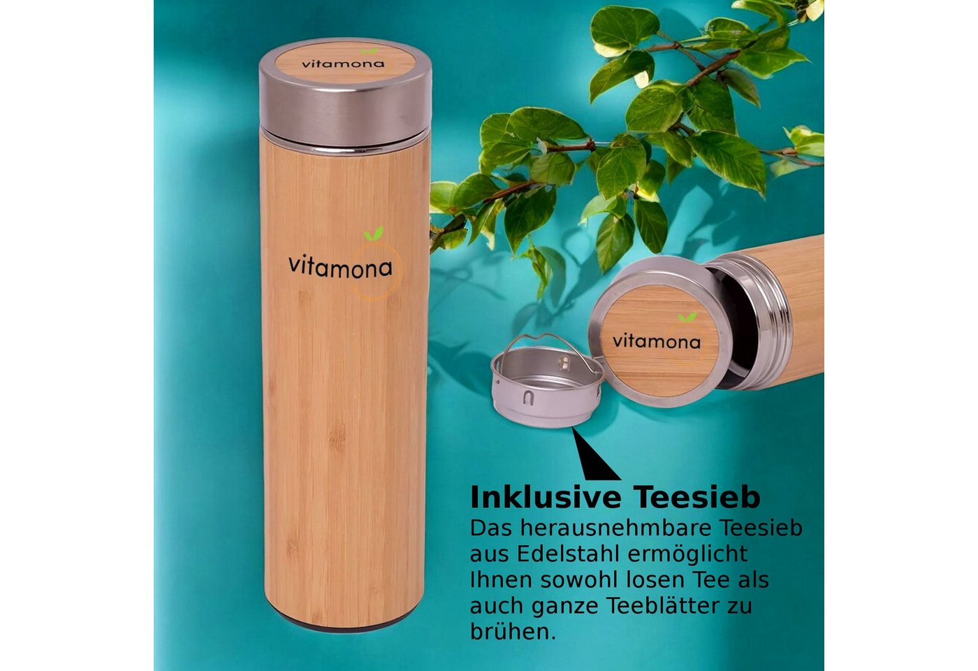 Vitamona Thermoflasche Bambus Thermoflasche 500ml Teebereiter ökologisch, Edelstahl und Bambus