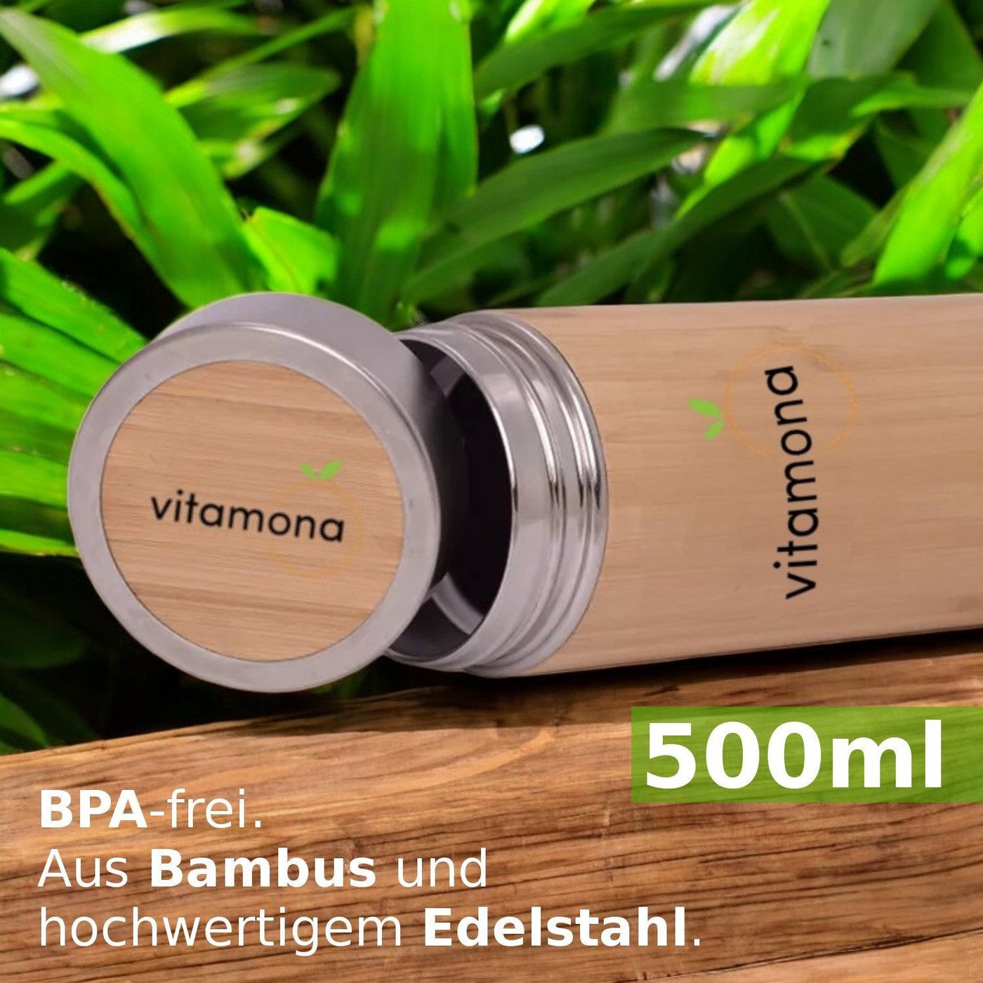 Vitamona Thermoflasche Bambus Thermoflasche 500ml Teebereiter ökologisch, Edelstahl und Bambus Bild 3